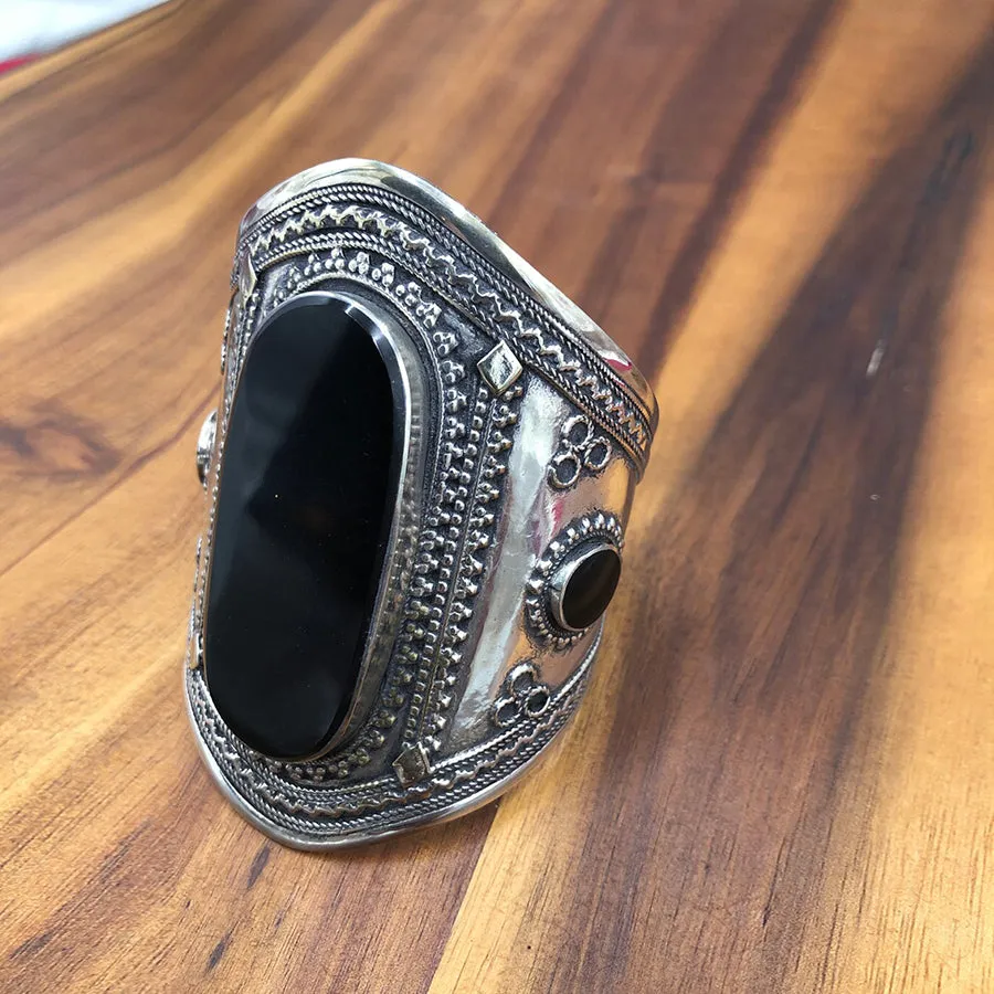 Antique Tribal Silver Black Stone Cuff Bracelet