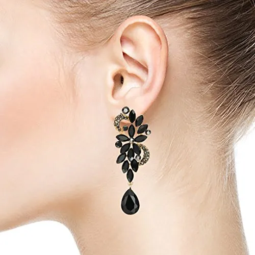 Art Deco Black Rhinestone Crystal Cluster Chandelier Floral Teardrop Long Dangle Earrings, Perfect Statement Piece for Formal Events or Special Occasions