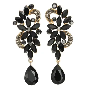 Art Deco Black Rhinestone Crystal Cluster Chandelier Floral Teardrop Long Dangle Earrings, Perfect Statement Piece for Formal Events or Special Occasions