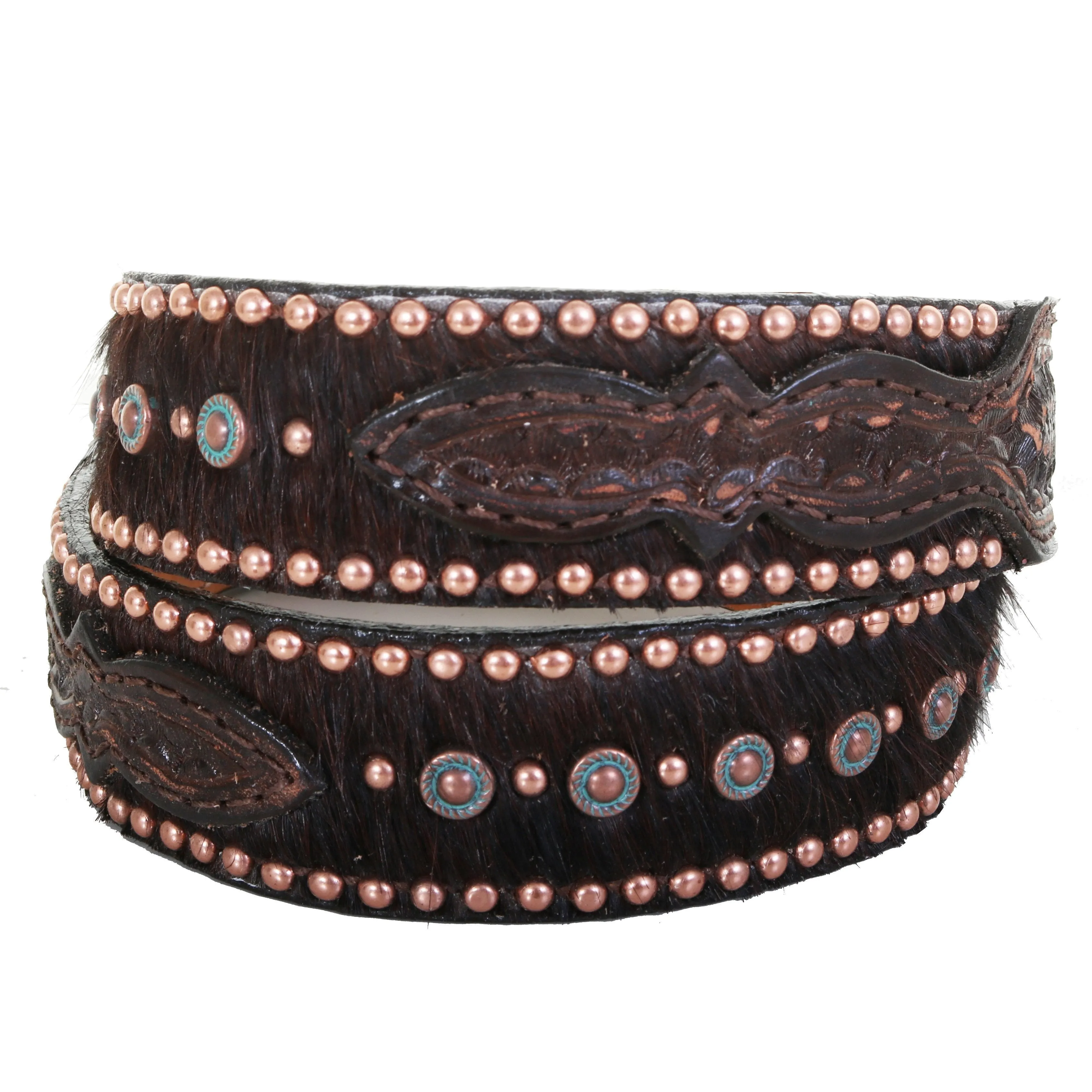 B1087A - Brindle Hair Tooled and Studded Belt