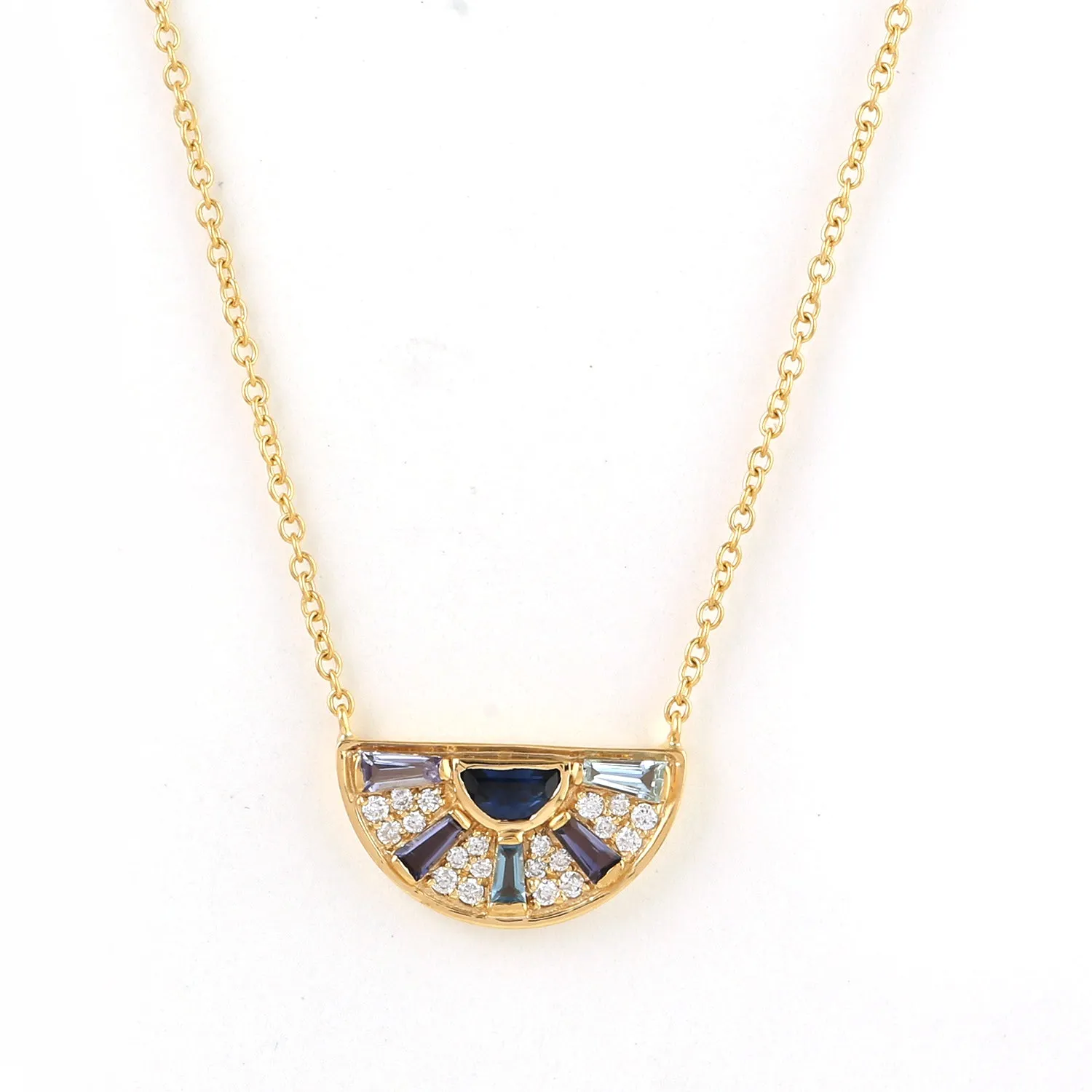 Baguette Iolite Aquamarine Multiple Gemstone Diamond Princess Necklace In Yellow Gold