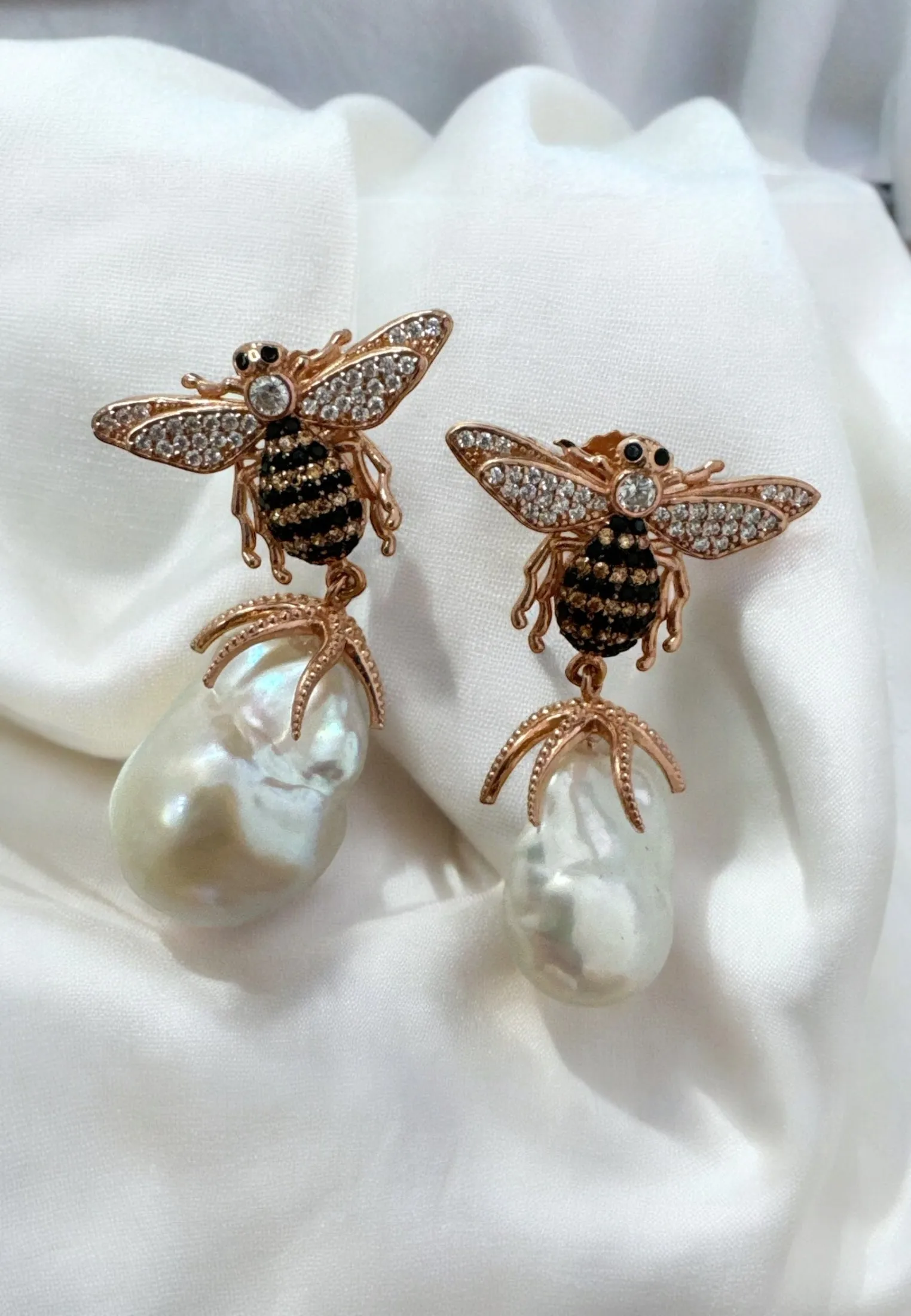 Baroque Pearl Honey Bee Drop Earrings Rosegold