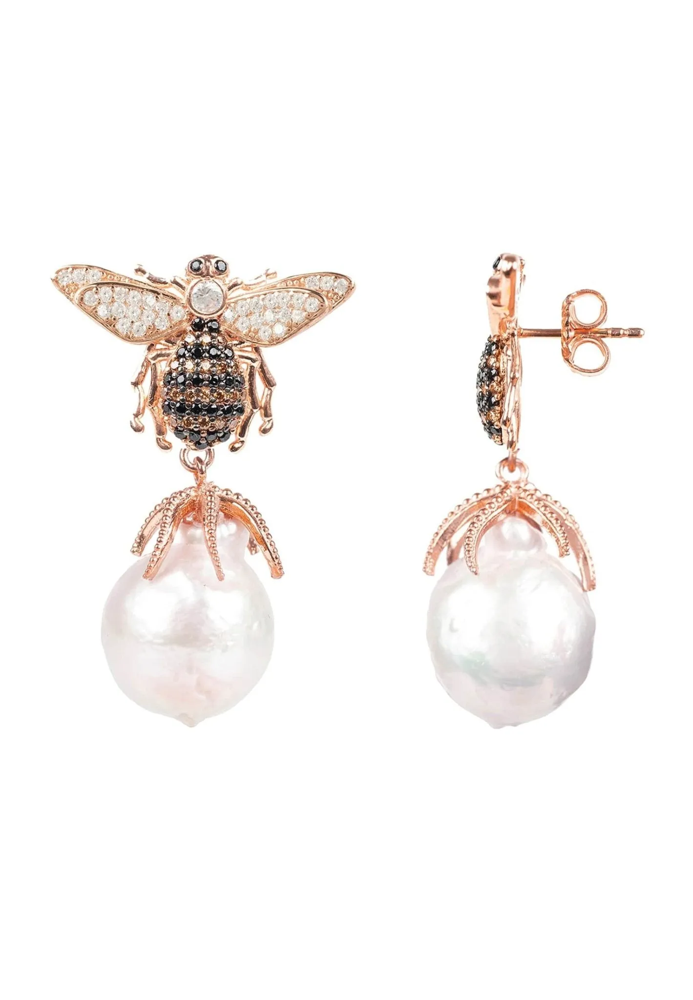 Baroque Pearl Honey Bee Drop Earrings Rosegold