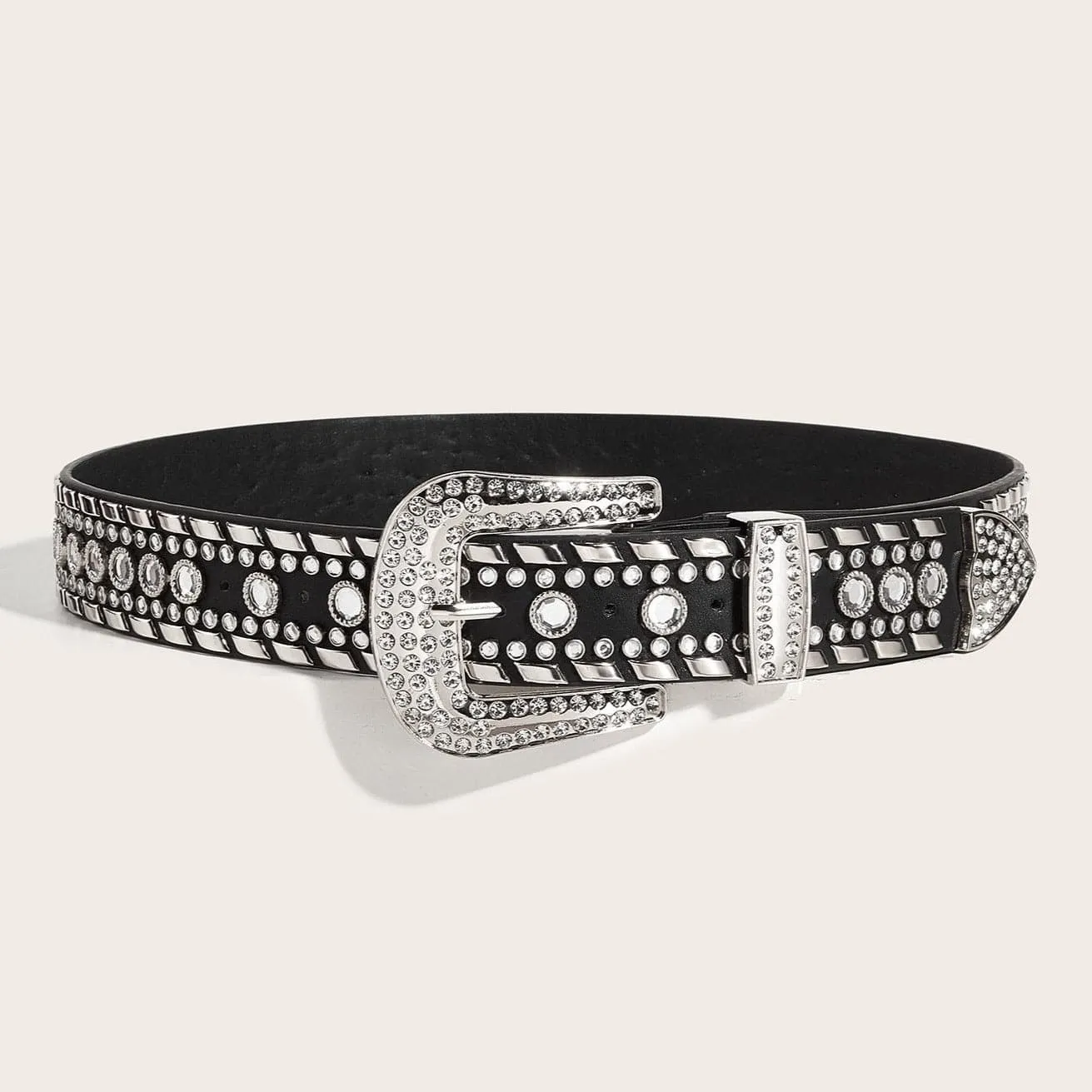 Beaded rhinestone PU leather adjustable belt