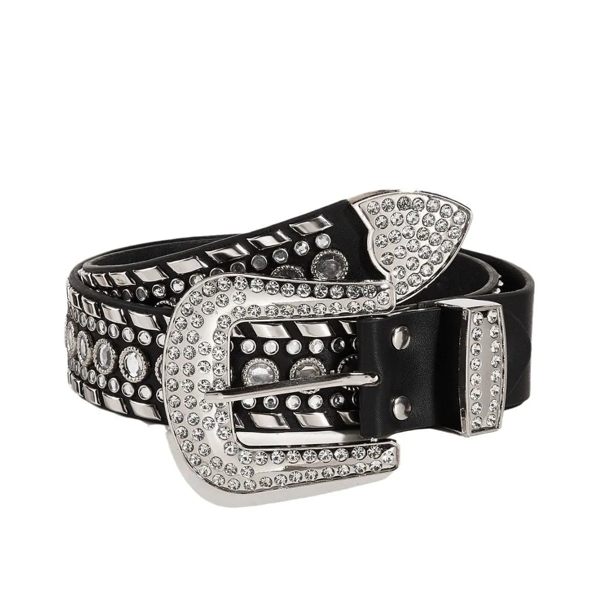 Beaded rhinestone PU leather adjustable belt