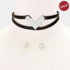 Black Metal "V" Double Tier Faux Leather Choker Necklace & Earring Set