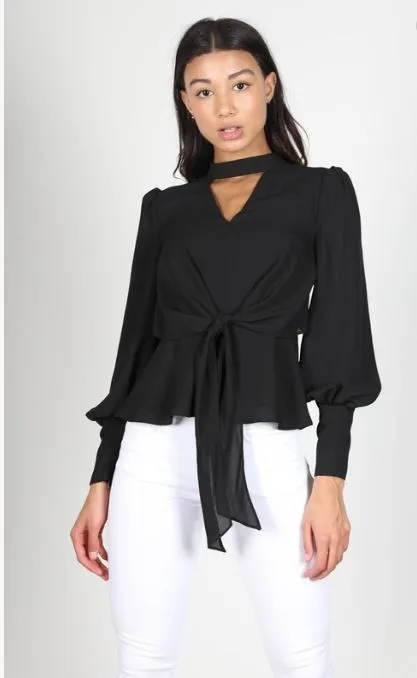 Black Peplum Front Waist Tie Blouse