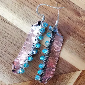 Blue Green Hammered Copper Bar  Crystal Earrings