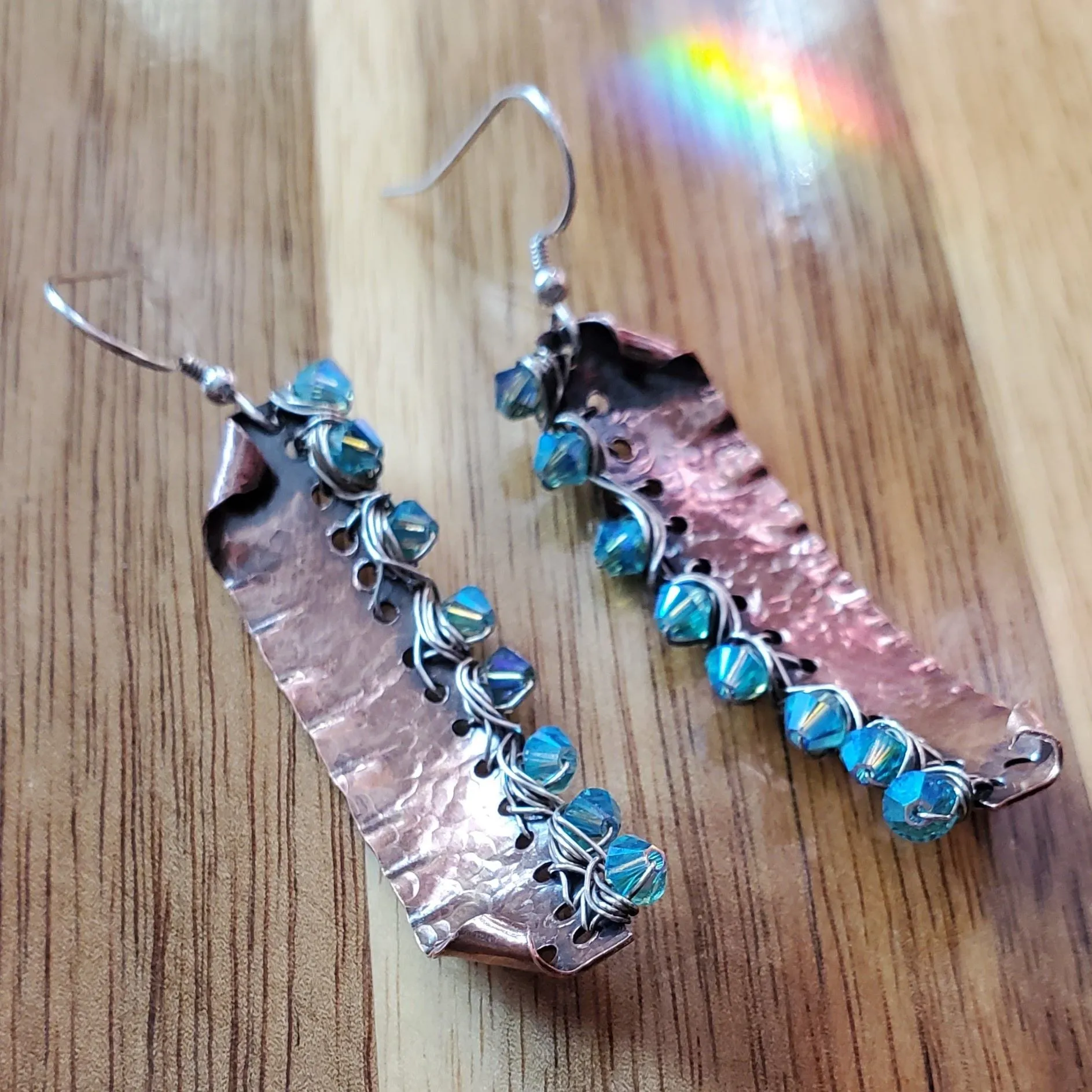 Blue Green Hammered Copper Bar  Crystal Earrings