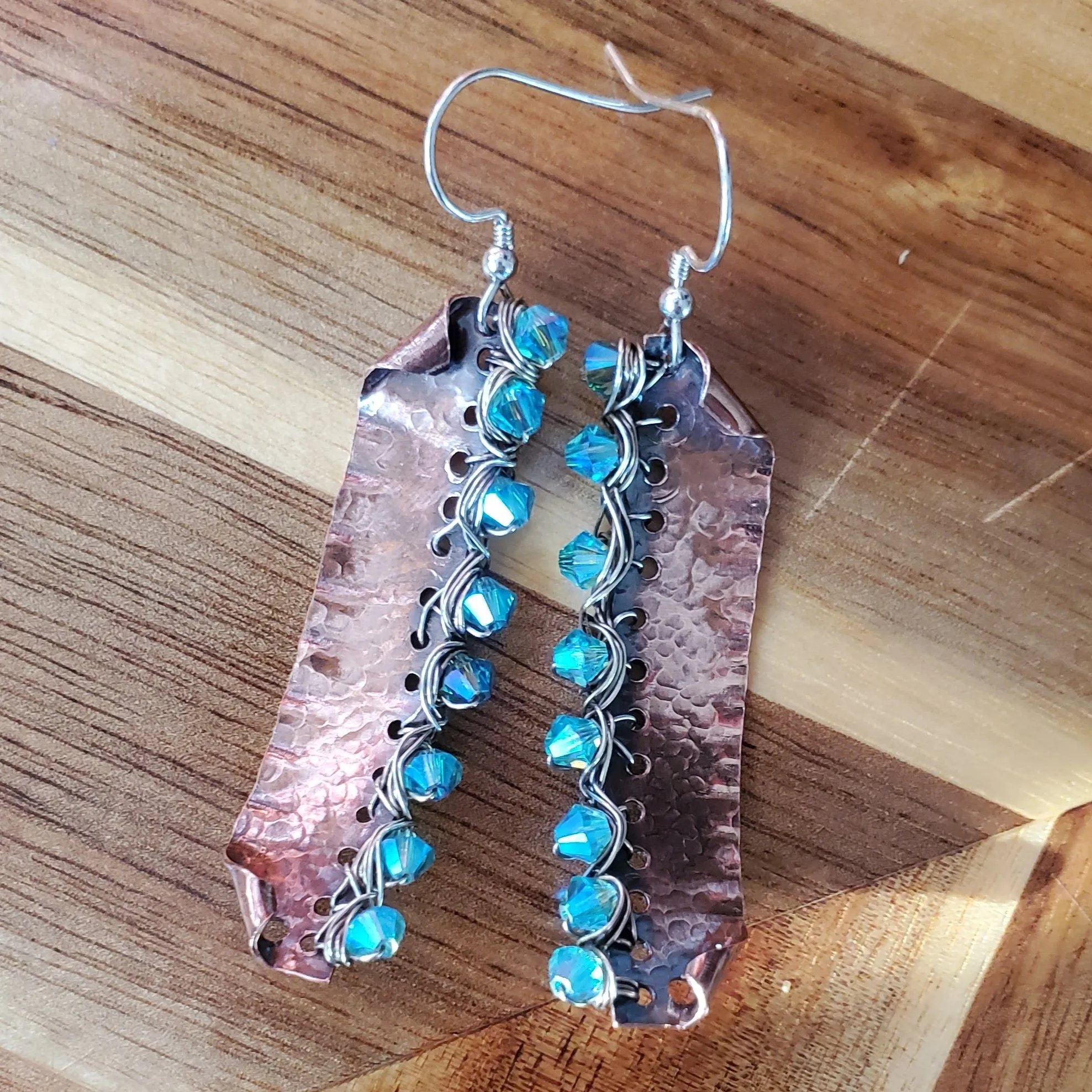 Blue Green Hammered Copper Bar  Crystal Earrings