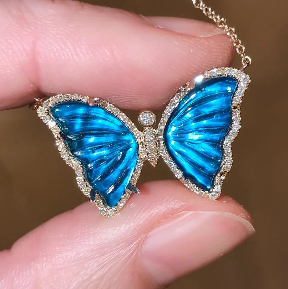 Blue Morpho Butterfly Necklace with Diamonds - London Blue Topaz