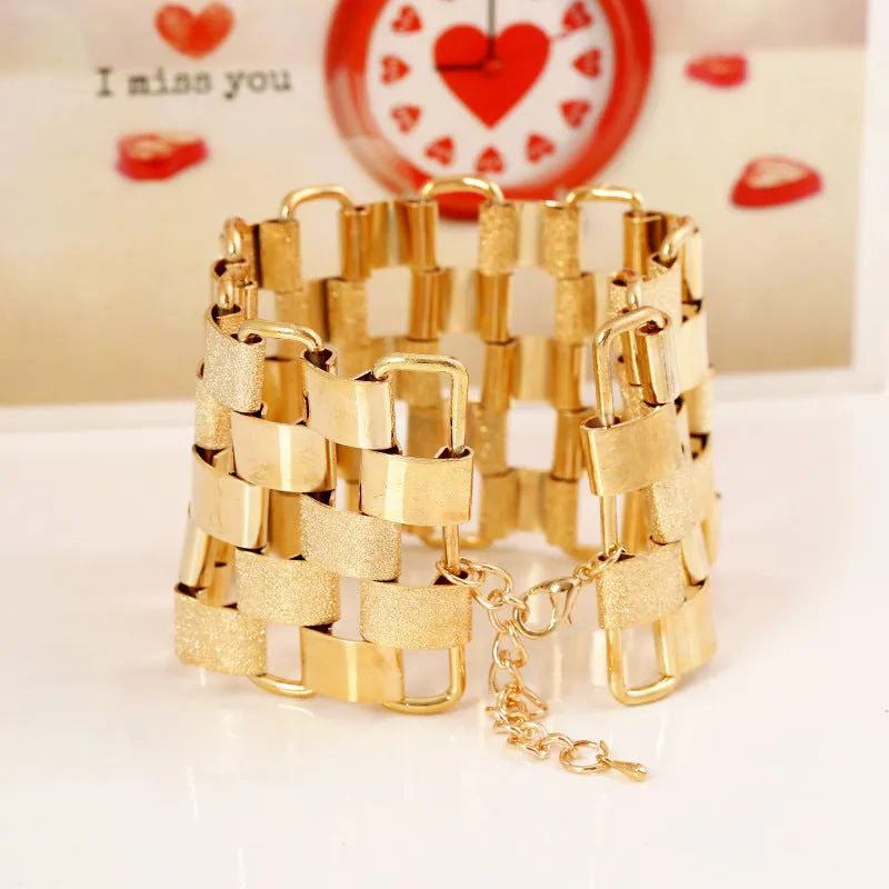 Bohemian Style Link Statement Shiny Sand Blast Wide Cuff Bracelets for Women