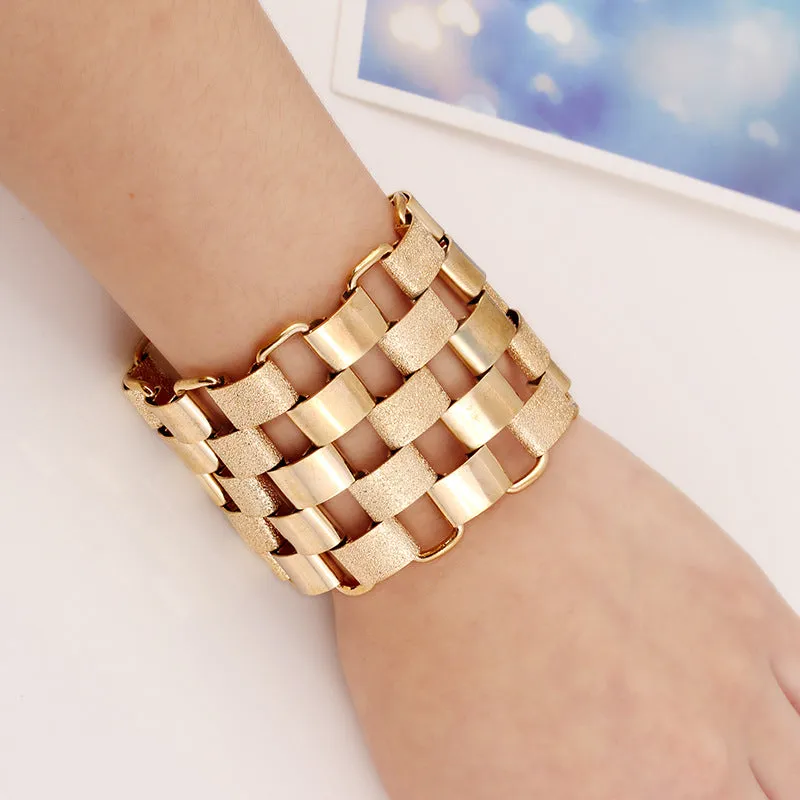 Bohemian Style Link Statement Shiny Sand Blast Wide Cuff Bracelets for Women