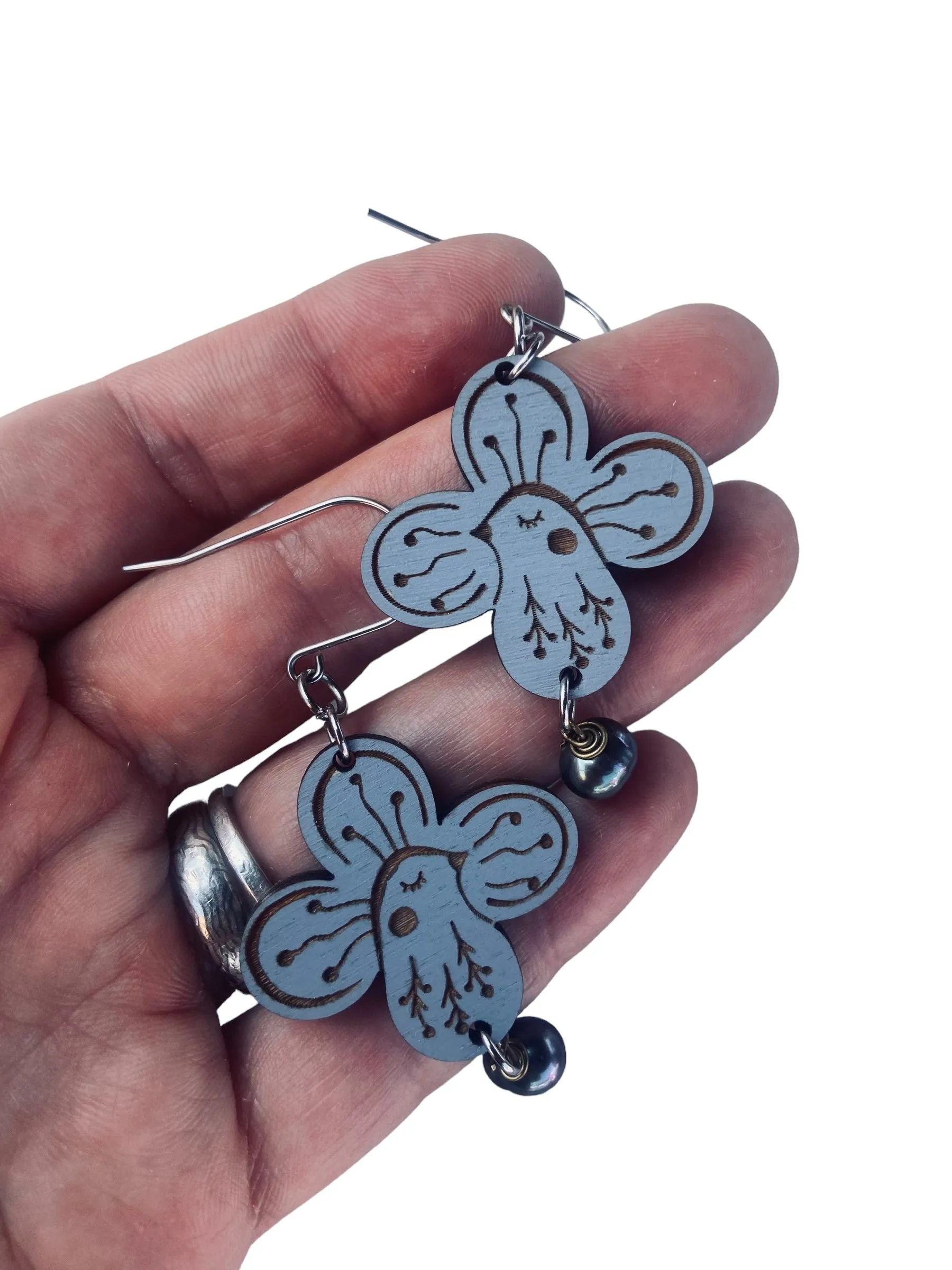 Bright Blue  Bird Flower Earrings, Lightweight, Hypoallergenic, Made in Vermont