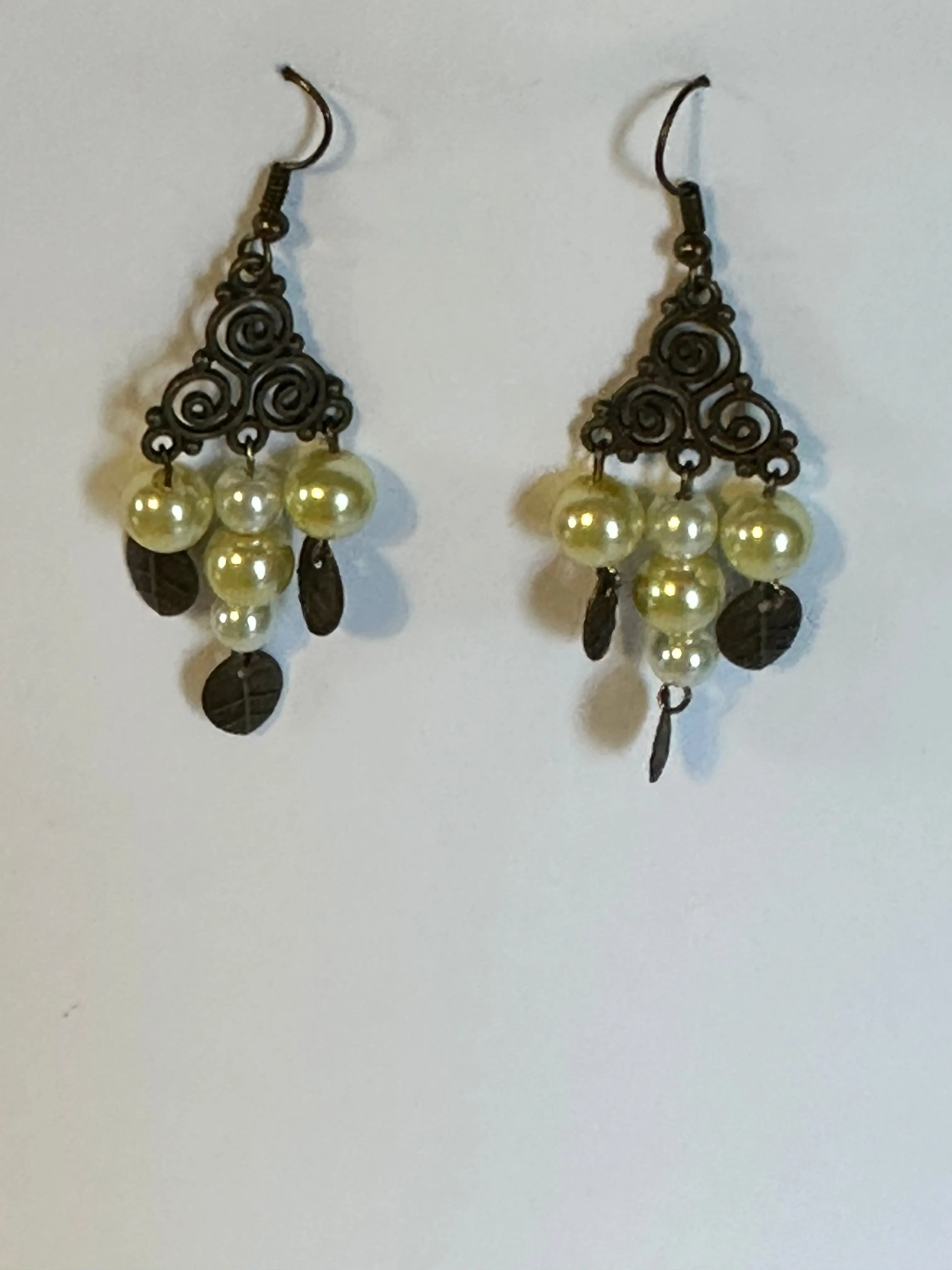 Brown filigree chandelier pearl and leaf earrings