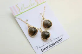 Brown Jewelry Set Topaz Gold Necklace and Earring Set - Personalized Card Thank you for being my bridesmaid - Brown Topaz Jewelry