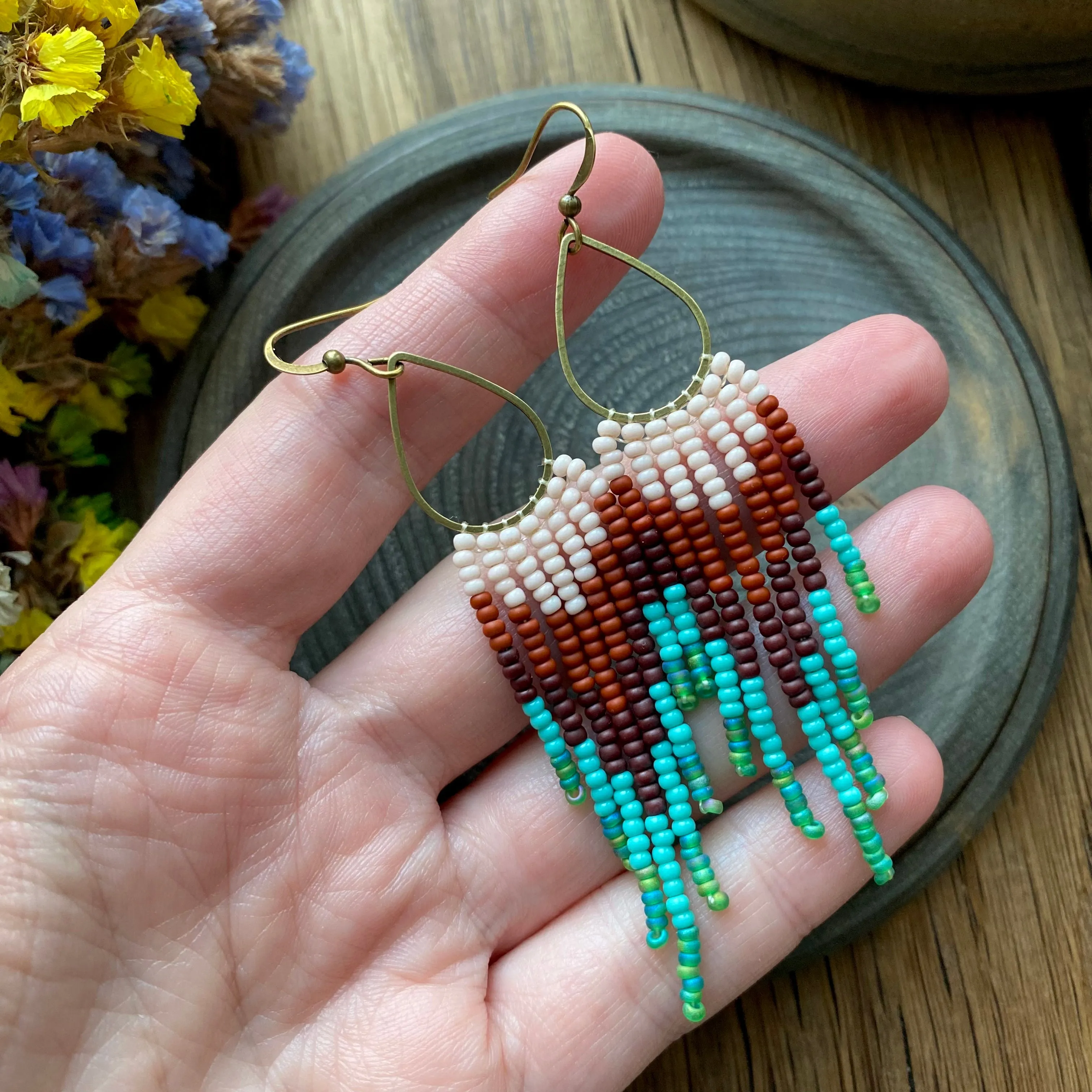 Brown Turquoise Green Ombre Seed Bead Earrings, Fringe Chandelier Earrings, Western Earrings, Earthy Earrings, Boho Hippie Earrings, Dangle Statement Earring