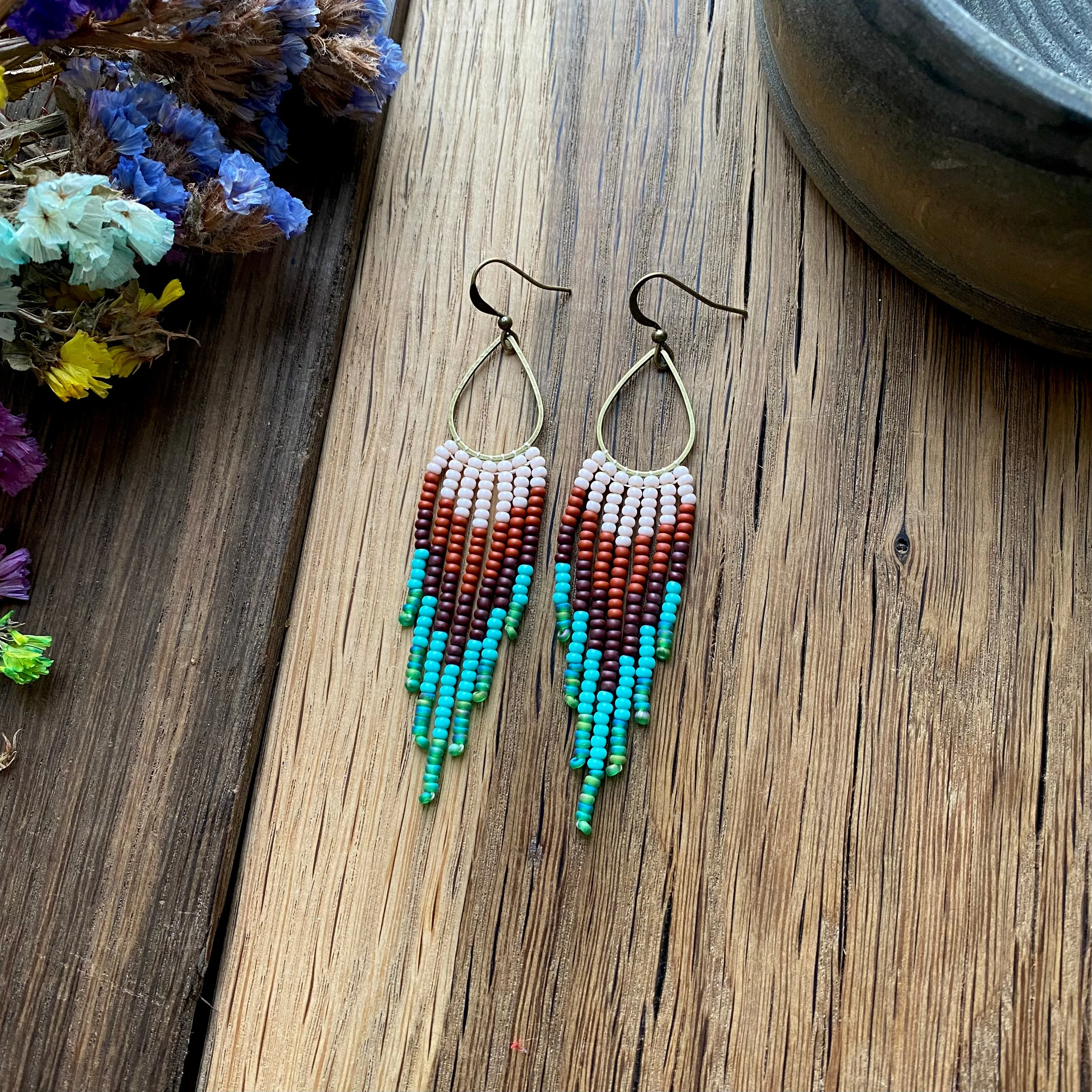 Brown Turquoise Green Ombre Seed Bead Earrings, Fringe Chandelier Earrings, Western Earrings, Earthy Earrings, Boho Hippie Earrings, Dangle Statement Earring