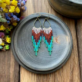 Brown Turquoise Green Ombre Seed Bead Earrings, Fringe Chandelier Earrings, Western Earrings, Earthy Earrings, Boho Hippie Earrings, Dangle Statement Earring