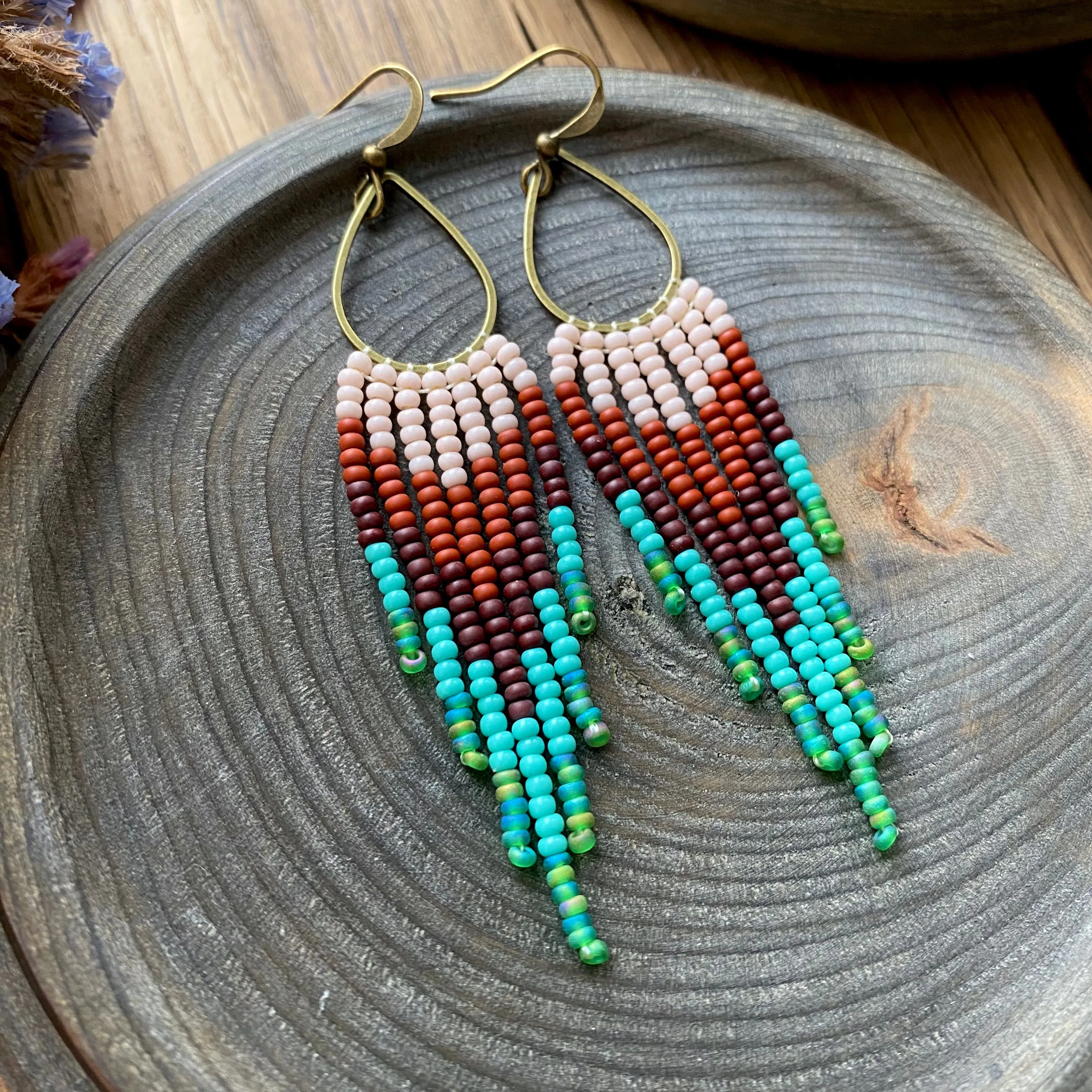 Brown Turquoise Green Ombre Seed Bead Earrings, Fringe Chandelier Earrings, Western Earrings, Earthy Earrings, Boho Hippie Earrings, Dangle Statement Earring