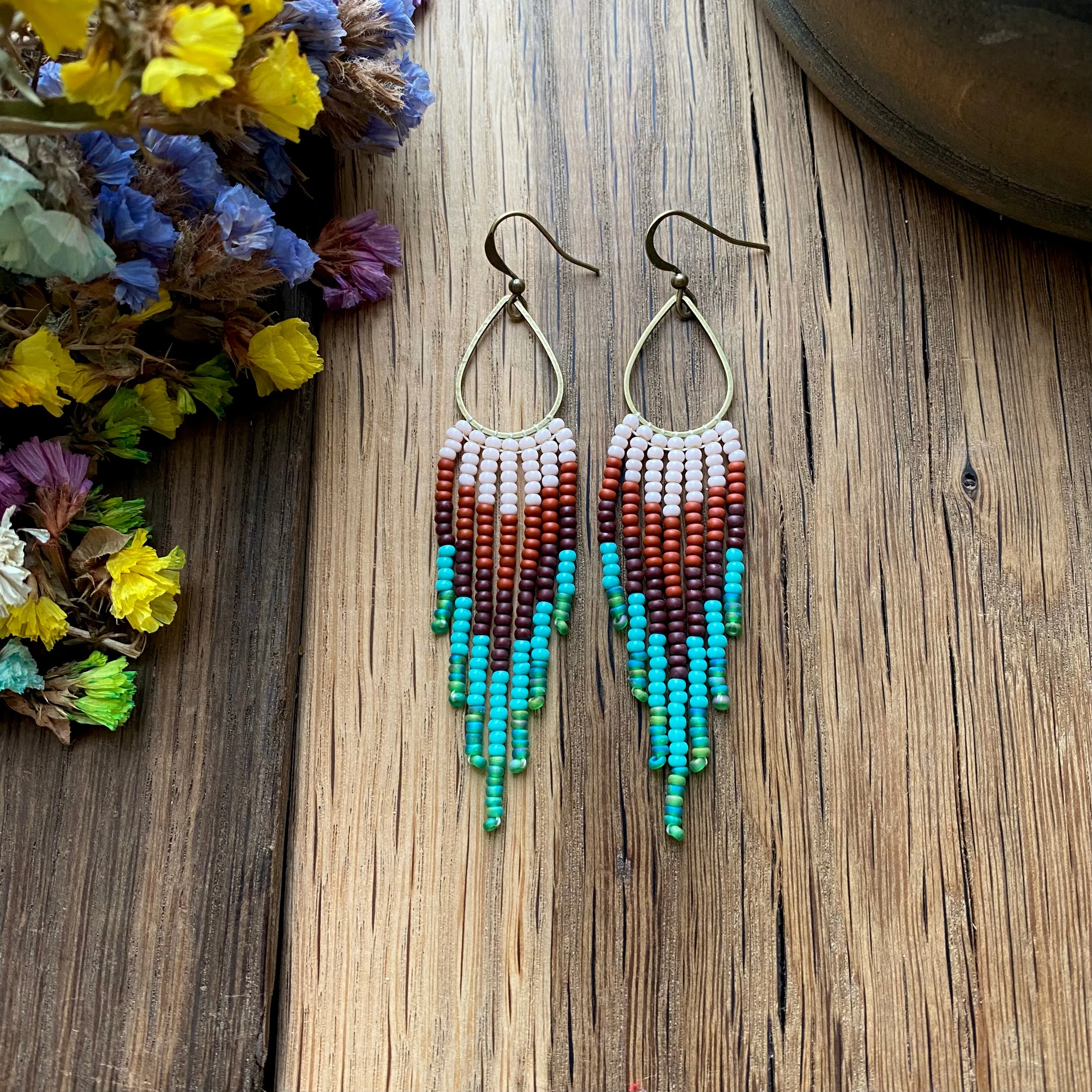 Brown Turquoise Green Ombre Seed Bead Earrings, Fringe Chandelier Earrings, Western Earrings, Earthy Earrings, Boho Hippie Earrings, Dangle Statement Earring