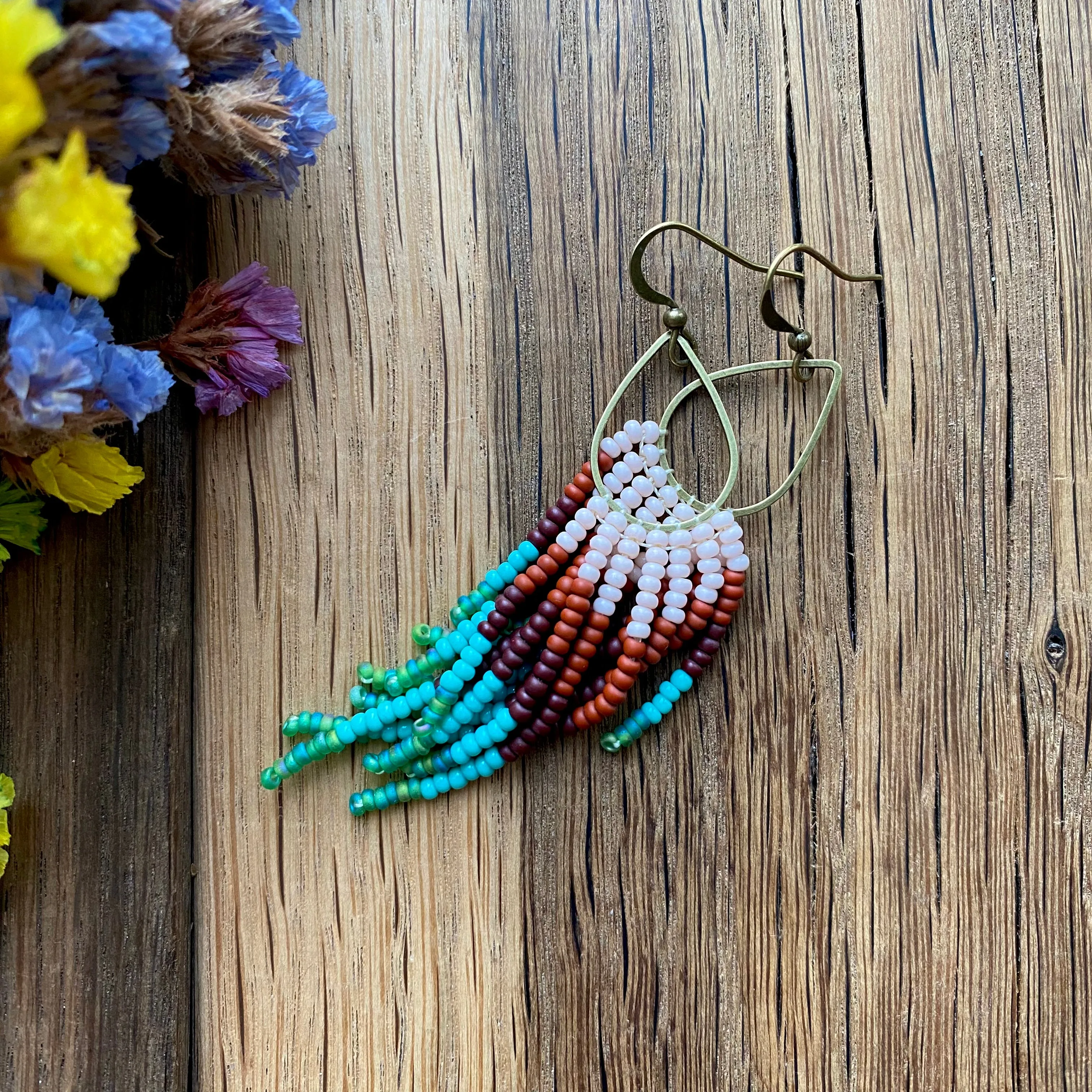 Brown Turquoise Green Ombre Seed Bead Earrings, Fringe Chandelier Earrings, Western Earrings, Earthy Earrings, Boho Hippie Earrings, Dangle Statement Earring