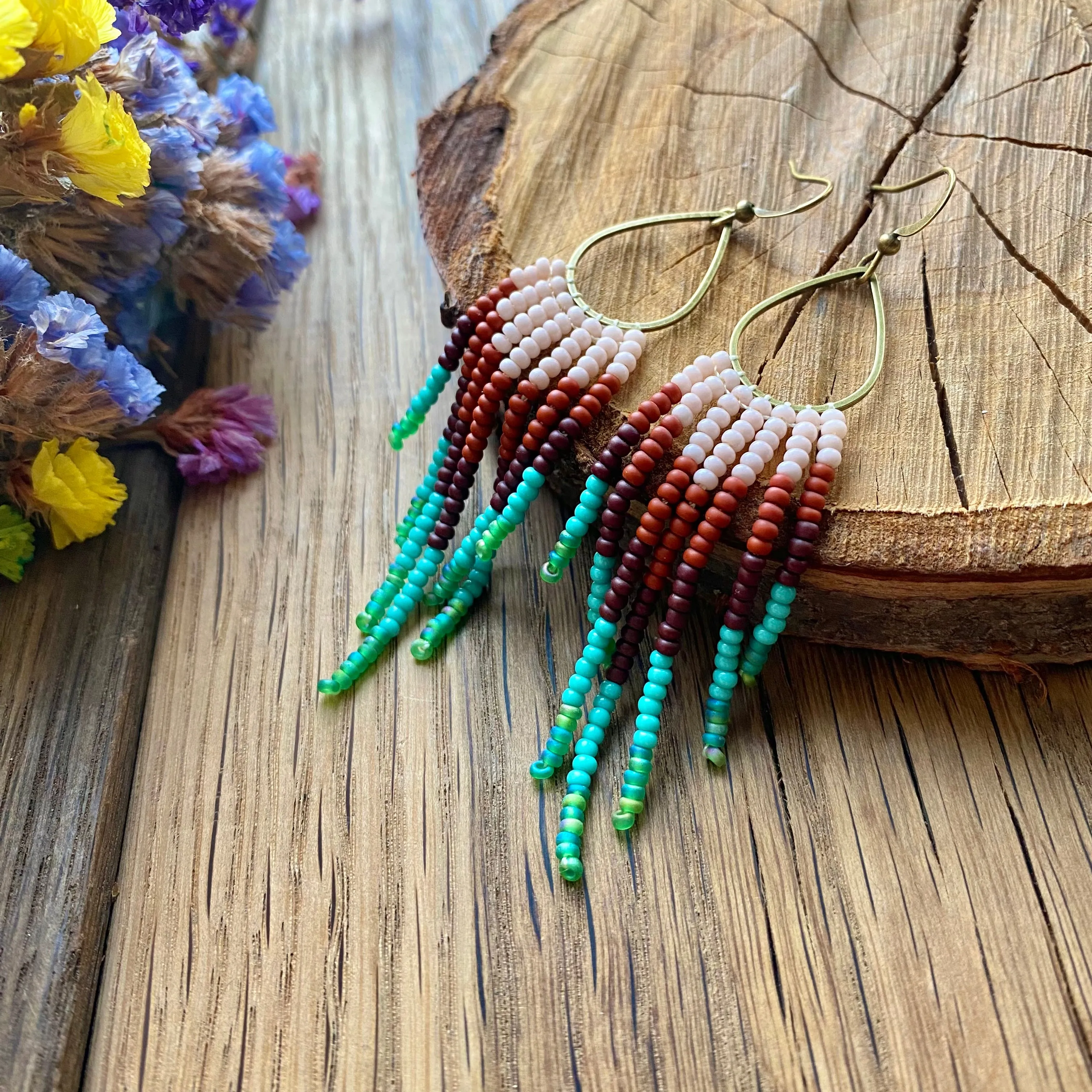 Brown Turquoise Green Ombre Seed Bead Earrings, Fringe Chandelier Earrings, Western Earrings, Earthy Earrings, Boho Hippie Earrings, Dangle Statement Earring