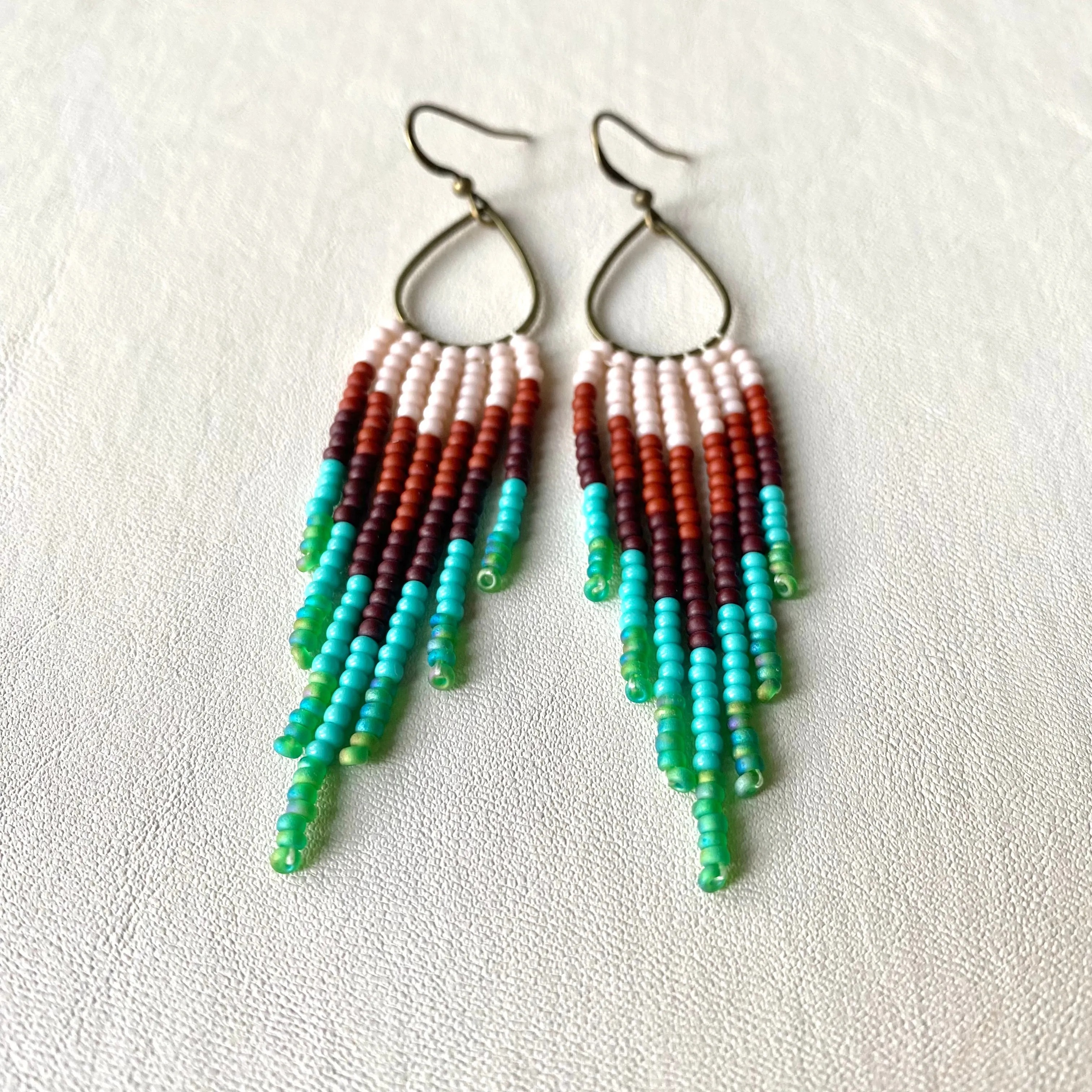 Brown Turquoise Green Ombre Seed Bead Earrings, Fringe Chandelier Earrings, Western Earrings, Earthy Earrings, Boho Hippie Earrings, Dangle Statement Earring