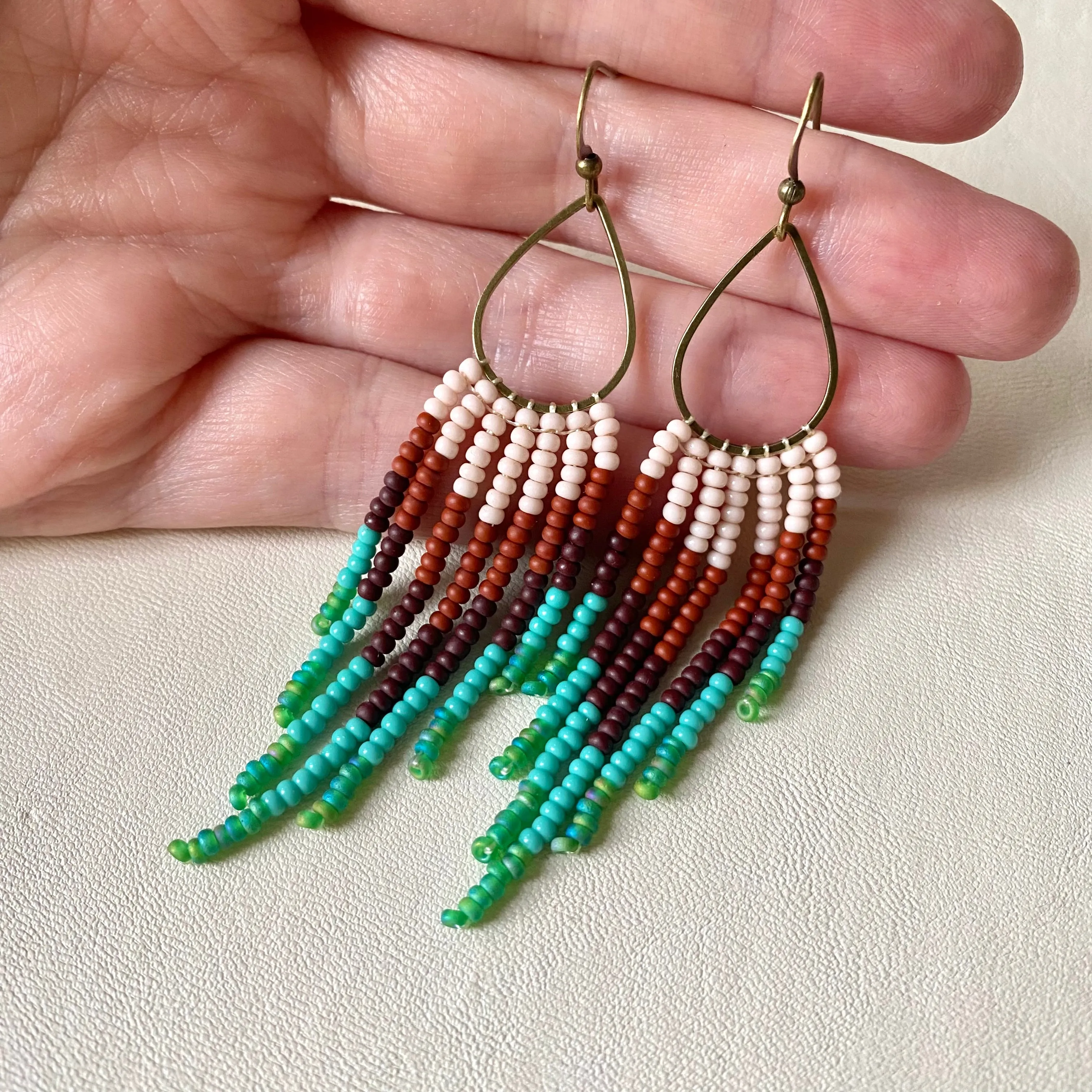 Brown Turquoise Green Ombre Seed Bead Earrings, Fringe Chandelier Earrings, Western Earrings, Earthy Earrings, Boho Hippie Earrings, Dangle Statement Earring