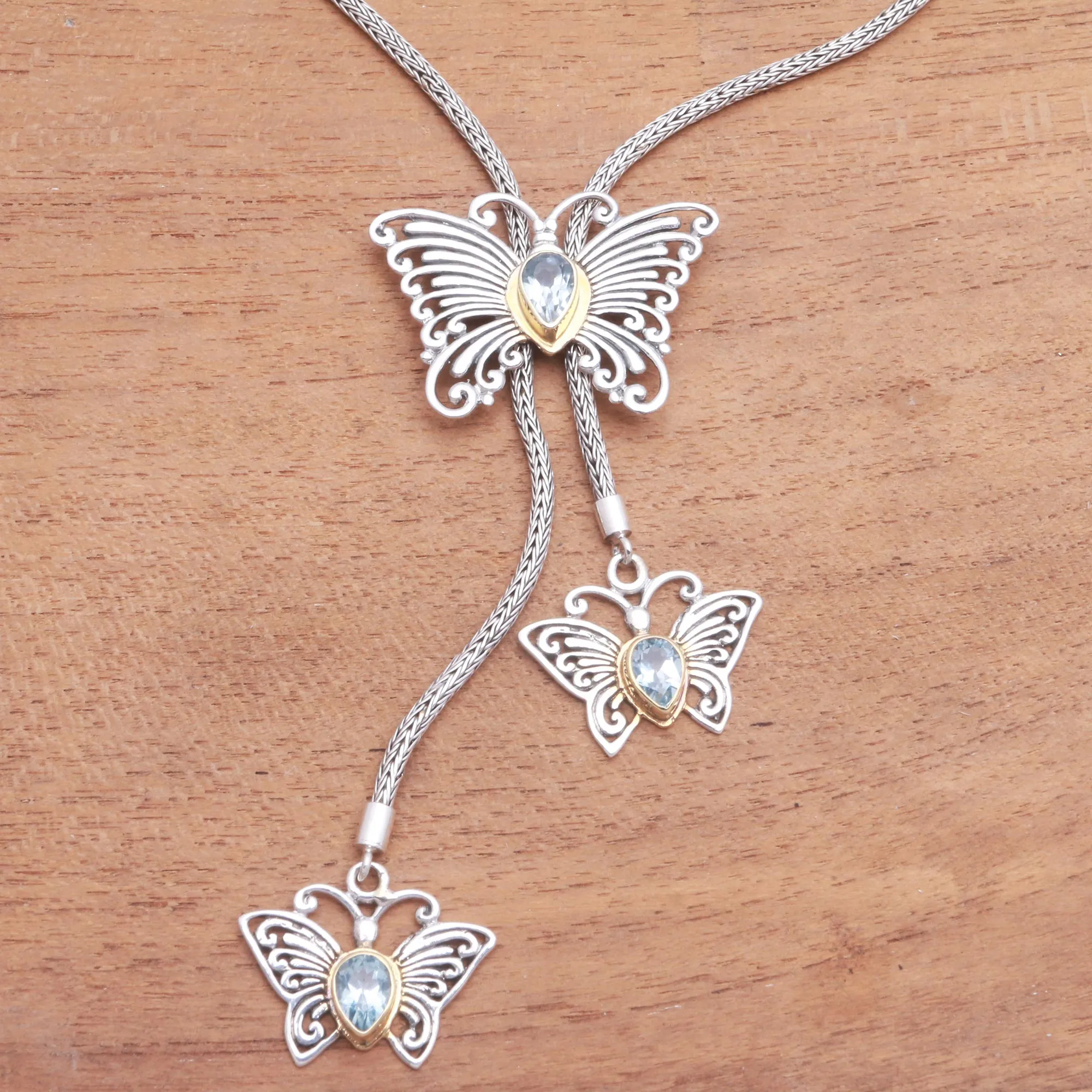 Butterfly Trio Gold Accented Blue Topaz Butterfly Lariat Necklace