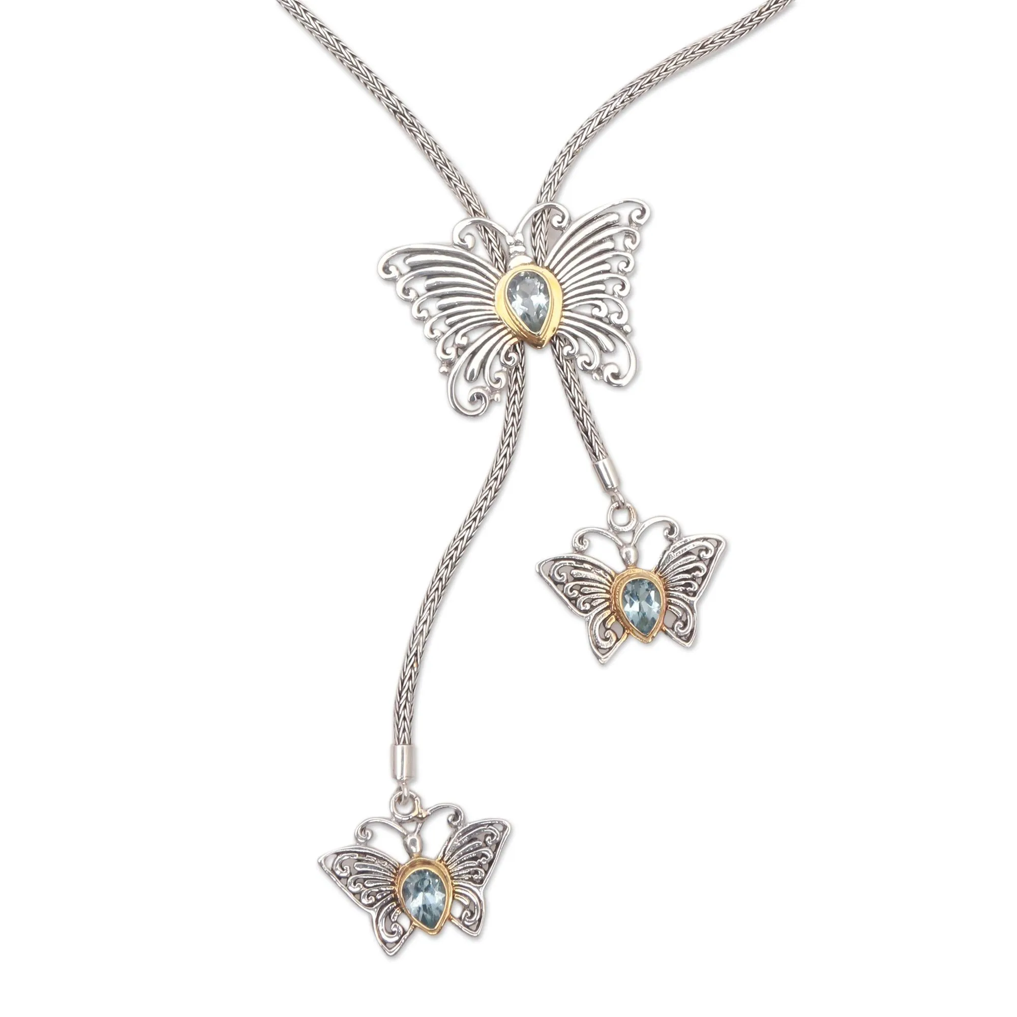 Butterfly Trio Gold Accented Blue Topaz Butterfly Lariat Necklace