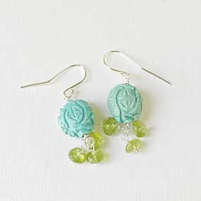 Carved Turquoise and Peridot Earrings