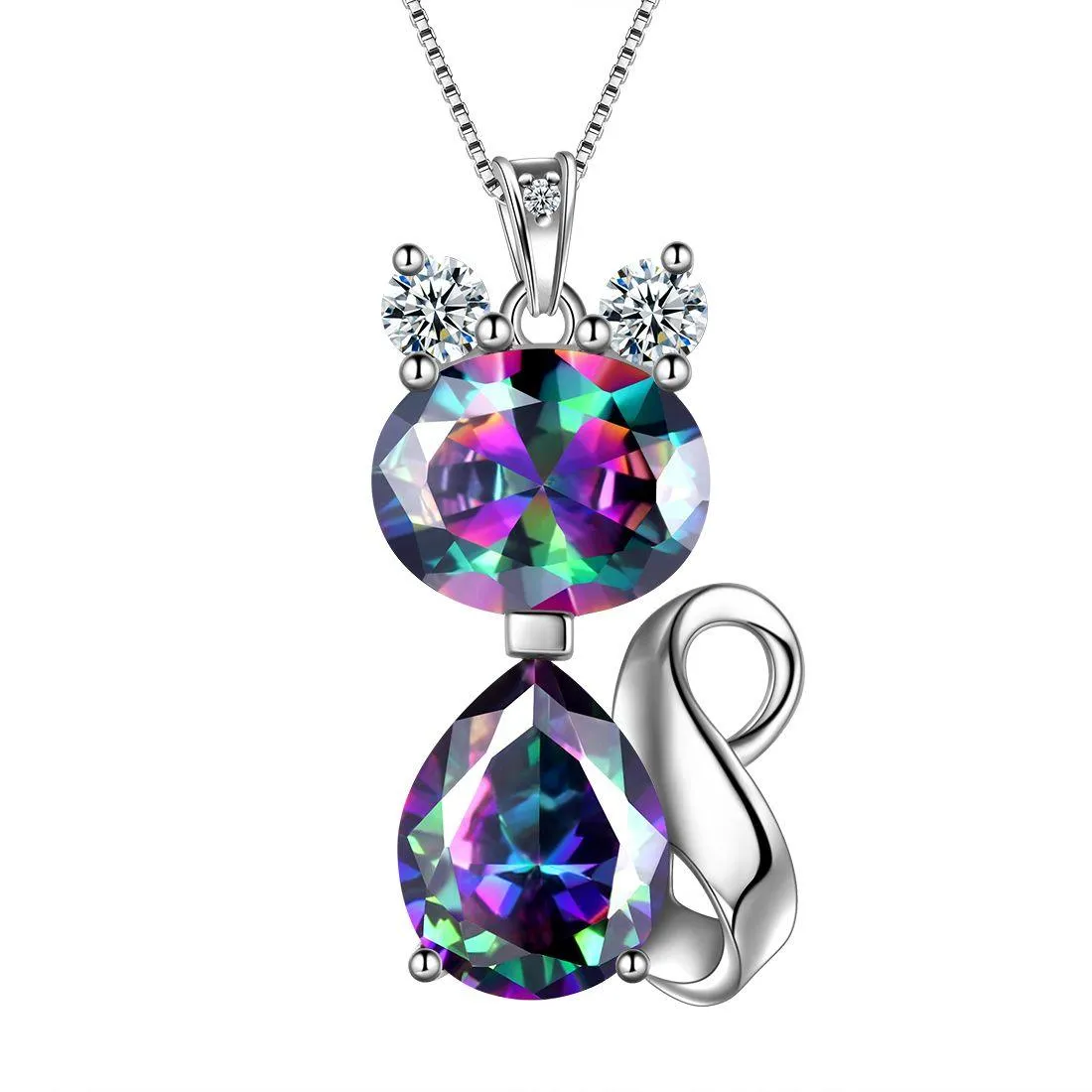 Cat Rainbow Mystic Topaz Necklace Women Girls Jewelry Birthday Gift Sterling Silver