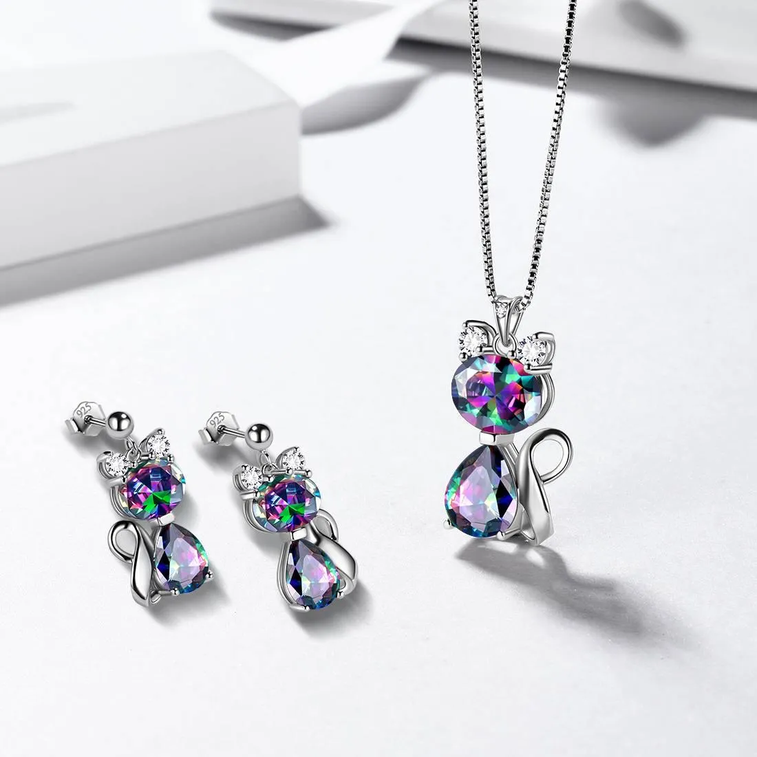 Cat Rainbow Mystic Topaz Necklace Women Girls Jewelry Birthday Gift Sterling Silver