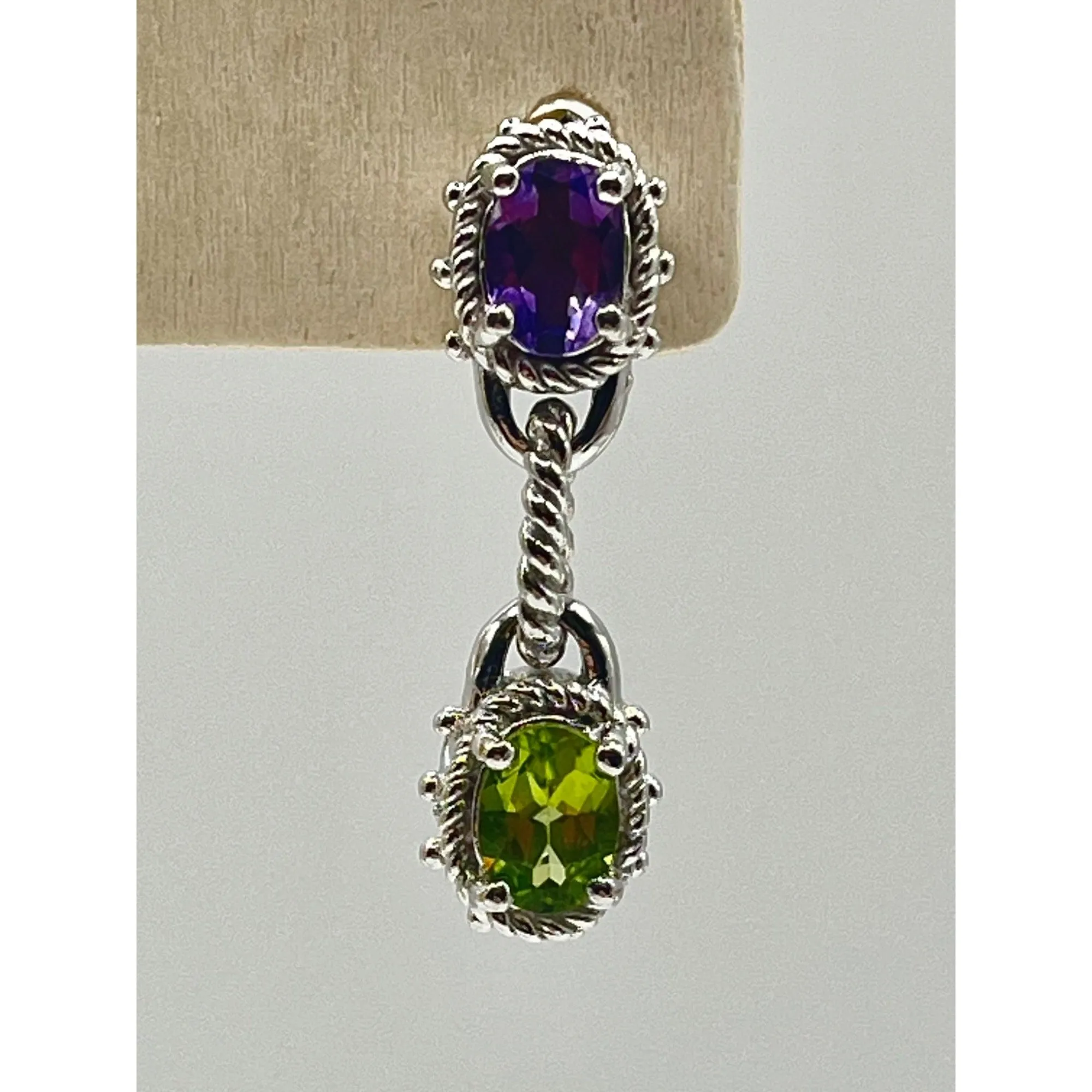 Chapal Zenray Thailand Sterling Silver Peridot Amethyst Dangle Earrings Textured