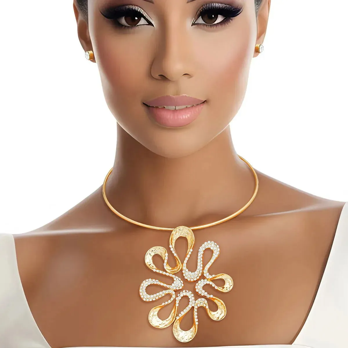 Clear Trend: Shimmer Swirl Choker Gold Necklace Set - Fashion Jewelry