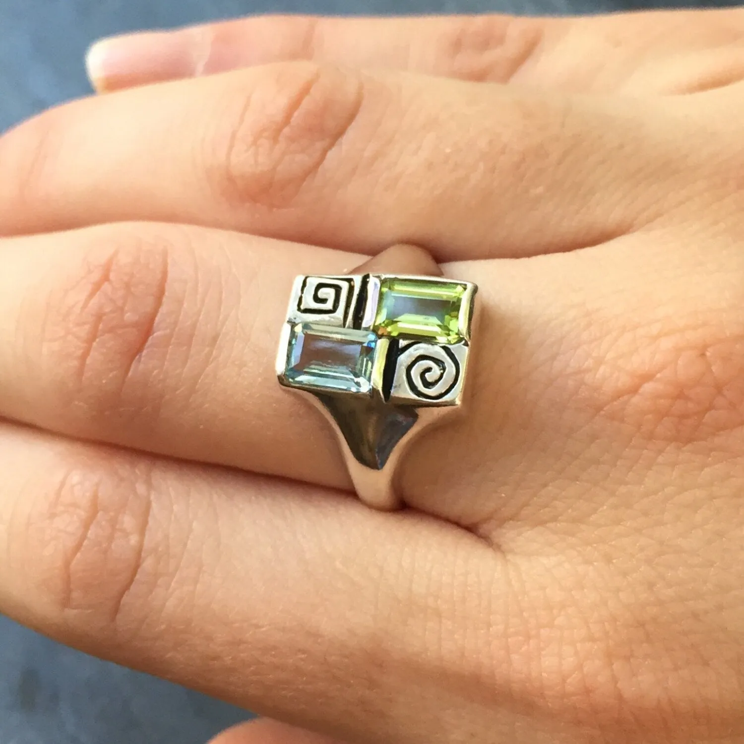 Colorful Baguette Ring - Blue Topaz Ring - Green Peridot Ring