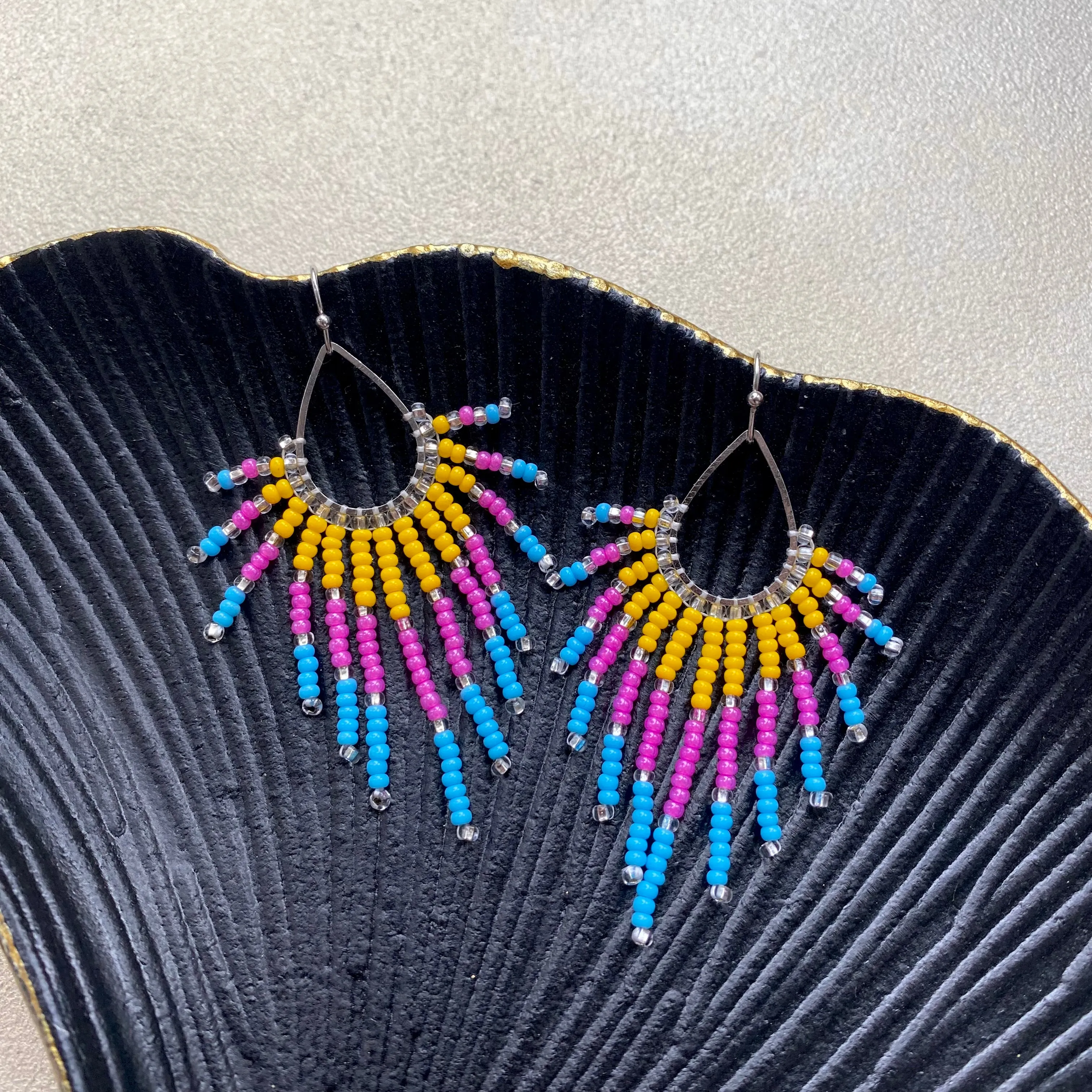 Cool Seed Bead Earrings for Women. Fringe Chandelier Earrings. Long Dangle Earrings. Handmade Unique earrings. Yellow Pink Blue beaded Earring with silver shiny beads.