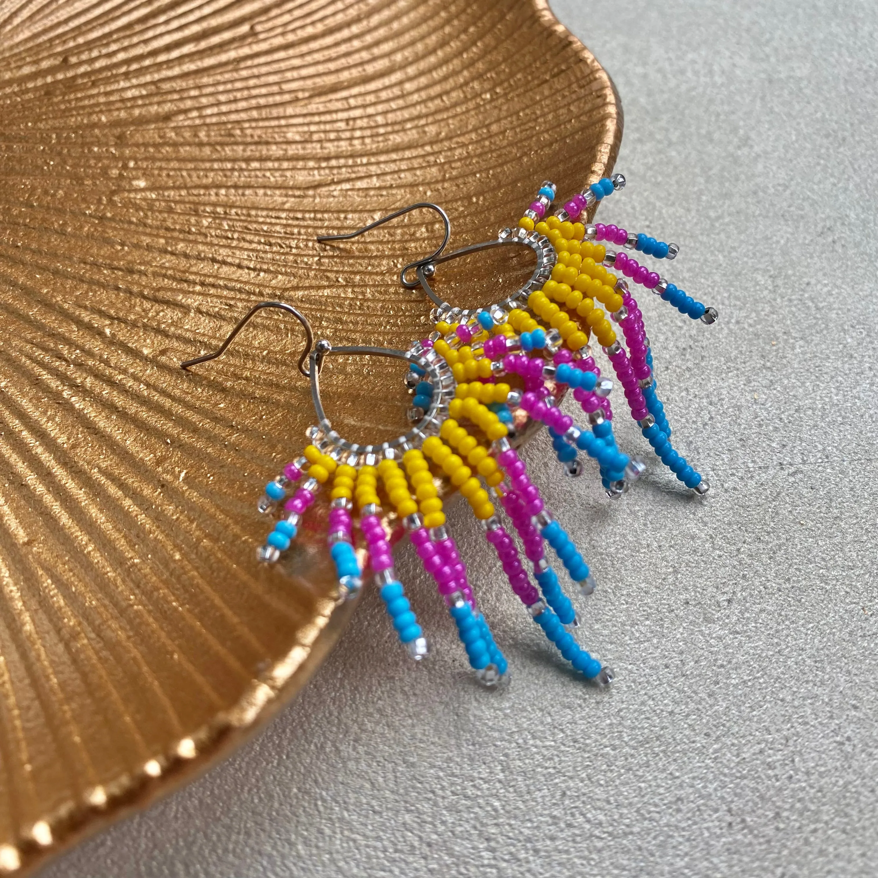 Cool Seed Bead Earrings for Women. Fringe Chandelier Earrings. Long Dangle Earrings. Handmade Unique earrings. Yellow Pink Blue beaded Earring with silver shiny beads.