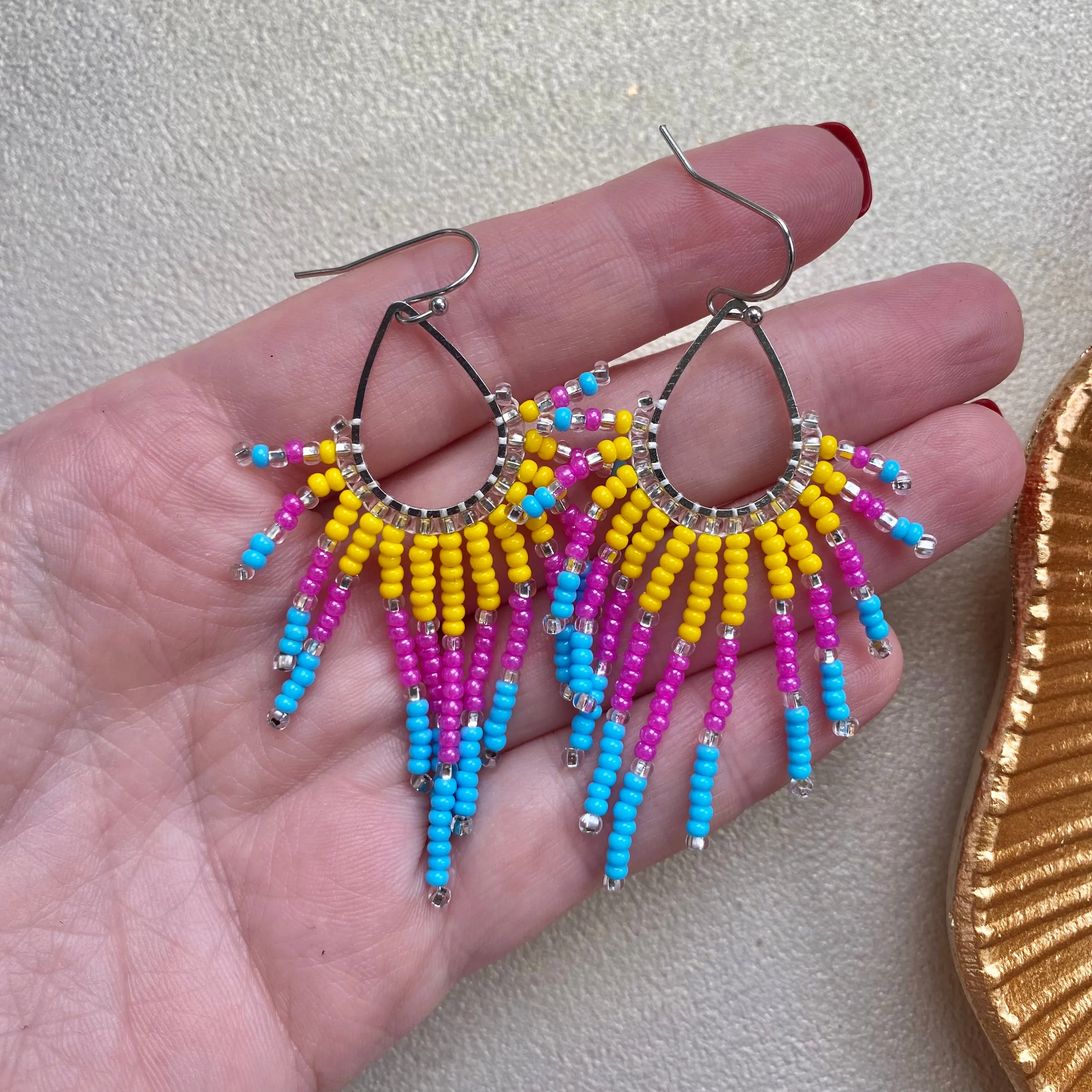 Cool Seed Bead Earrings for Women. Fringe Chandelier Earrings. Long Dangle Earrings. Handmade Unique earrings. Yellow Pink Blue beaded Earring with silver shiny beads.