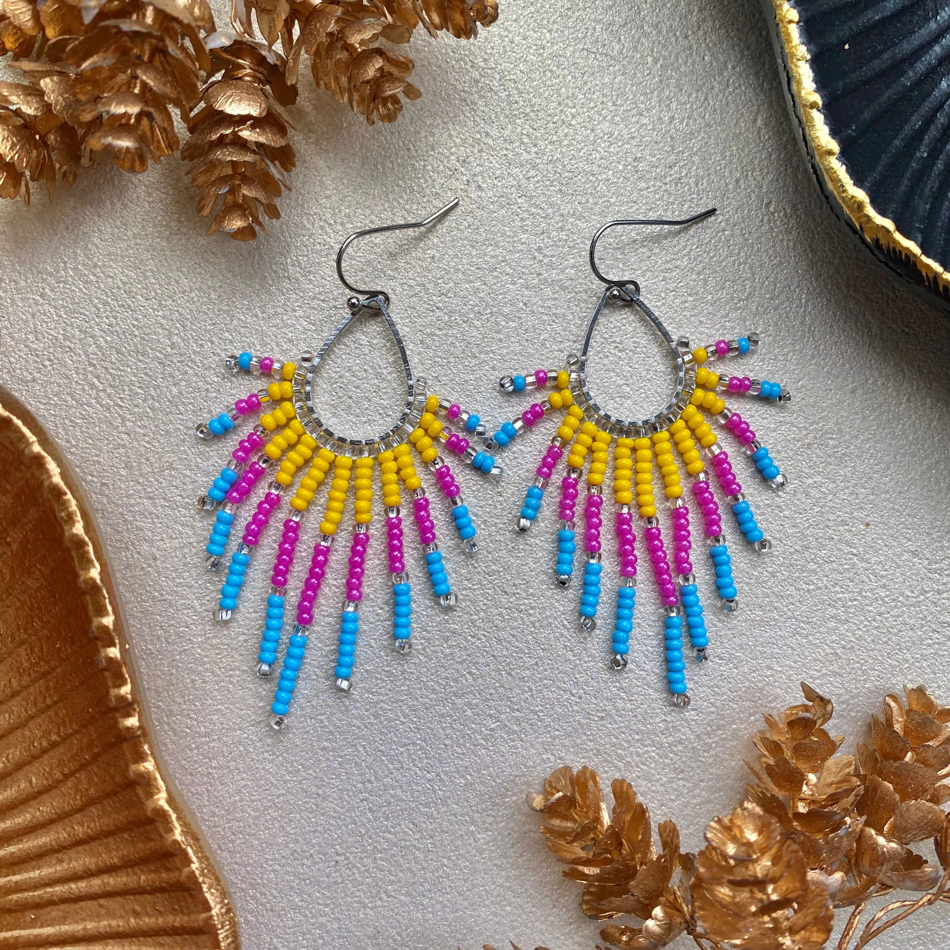 Cool Seed Bead Earrings for Women. Fringe Chandelier Earrings. Long Dangle Earrings. Handmade Unique earrings. Yellow Pink Blue beaded Earring with silver shiny beads.