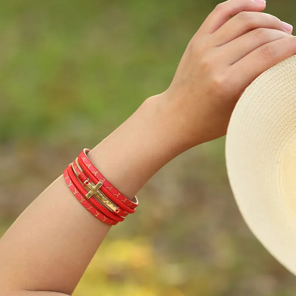 'Cross' Charm Cuff Bracelet - red