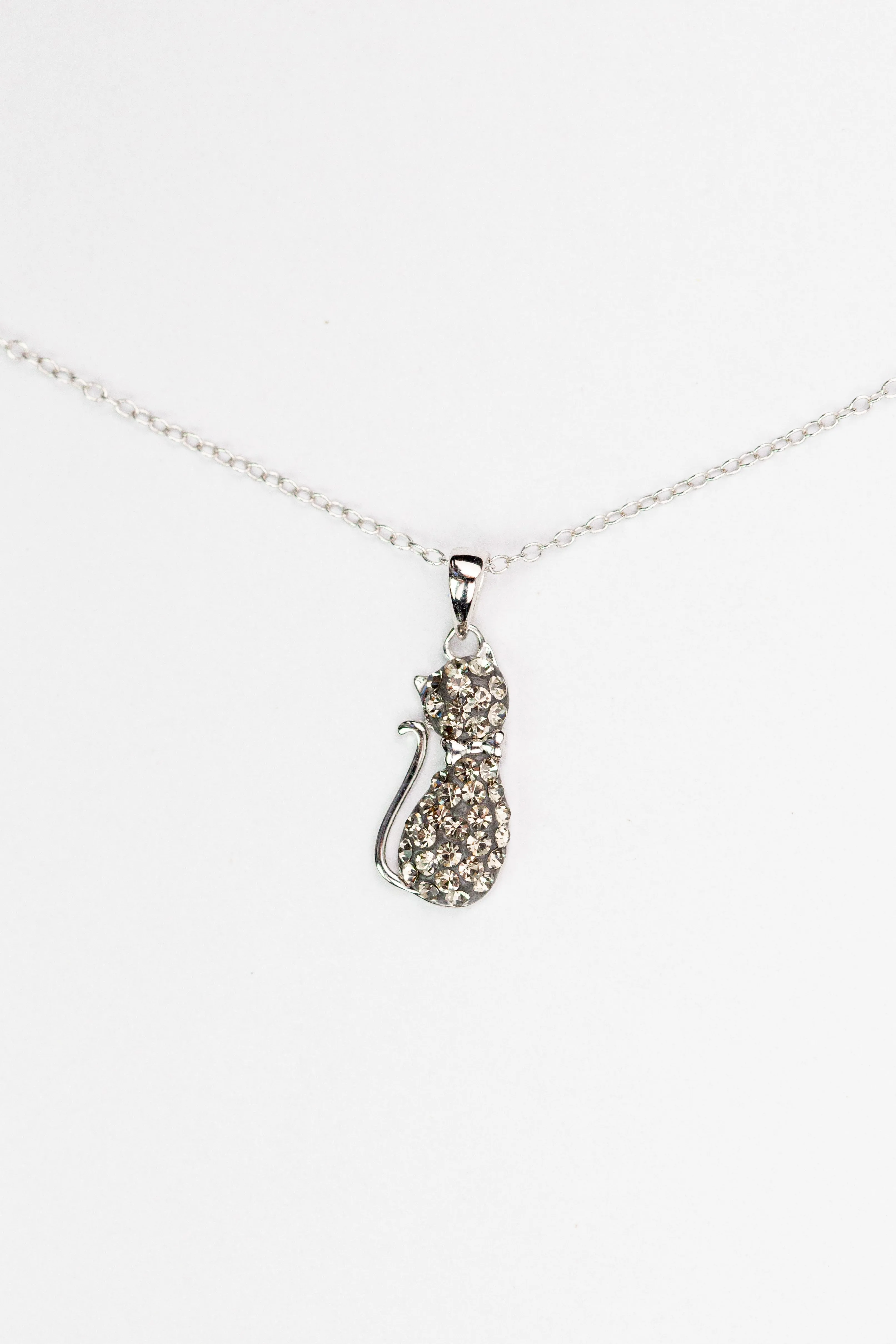 Crystal Cat Silver Pendant Necklace