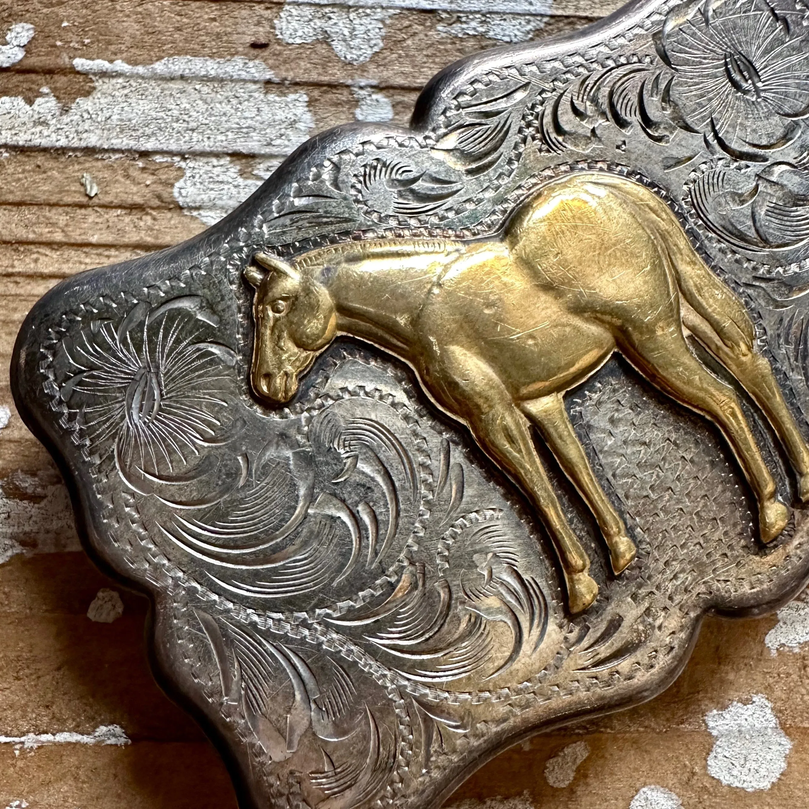 DIABLO MFG Co Large Vintage Sterling Silver and Gold Tone Horse Belt Buckle • 52g