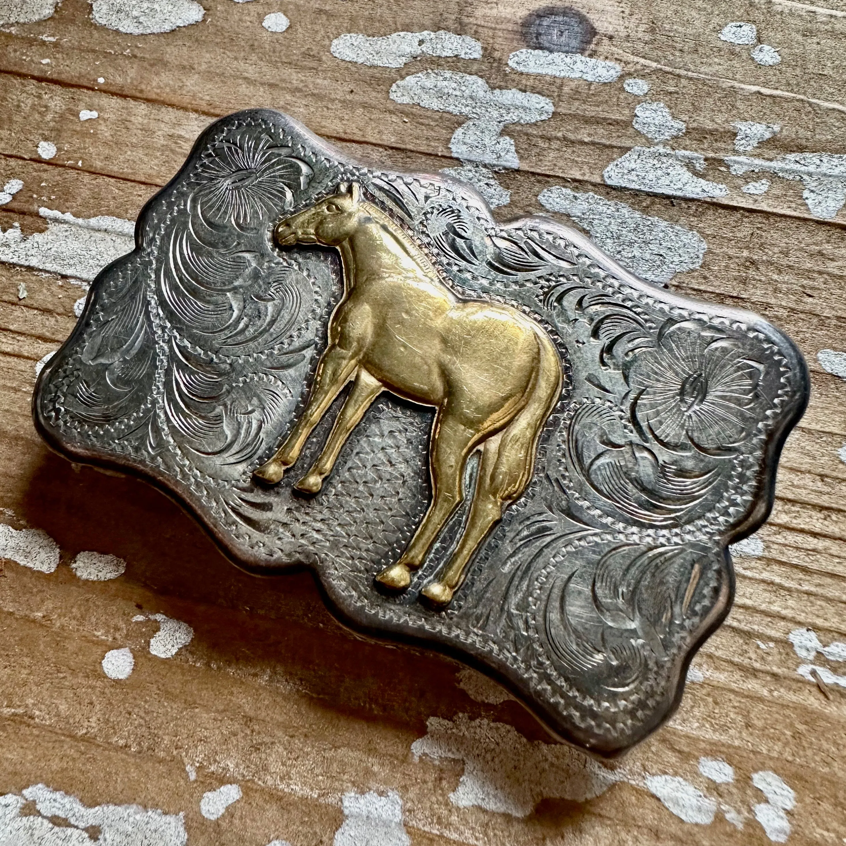 DIABLO MFG Co Large Vintage Sterling Silver and Gold Tone Horse Belt Buckle • 52g