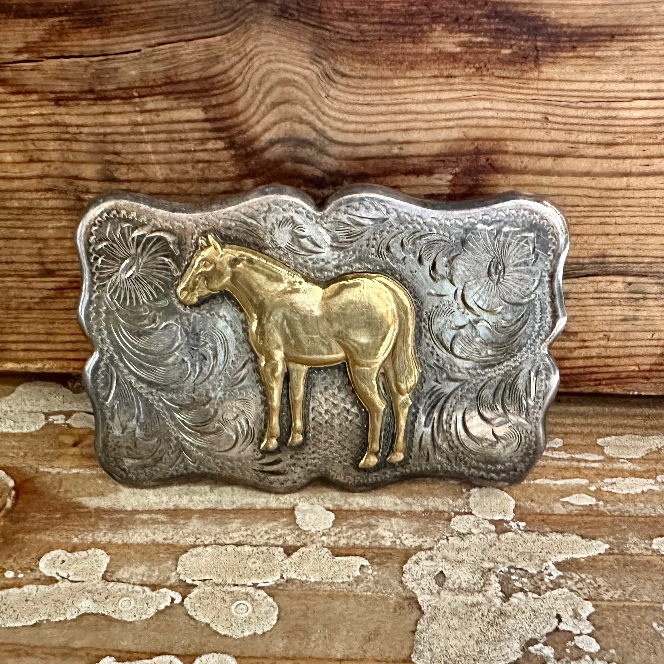 DIABLO MFG Co Large Vintage Sterling Silver and Gold Tone Horse Belt Buckle • 52g