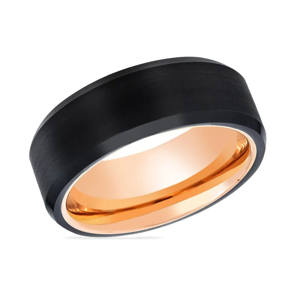 DIABLO | Rose Gold Ring, Black Tungsten Ring, Brushed, Beveled