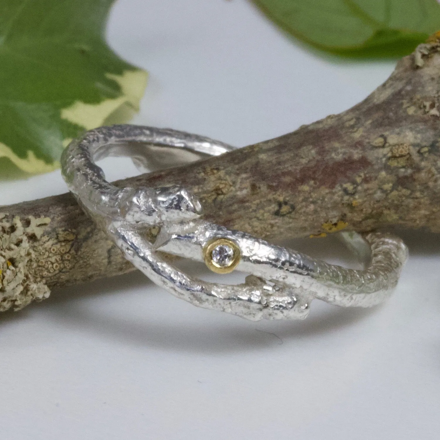 Diamond Twig Wedding Ring, Forked Silver Elvish Twig Ring, Alternative Wedding Ring