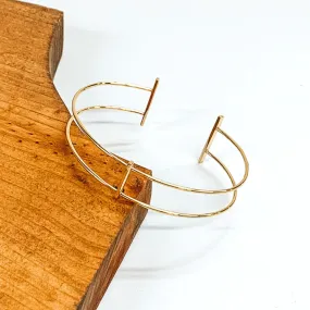 Double Thin Wired Bangle Bracelet with Crystal Bar Ends in Gold Tone