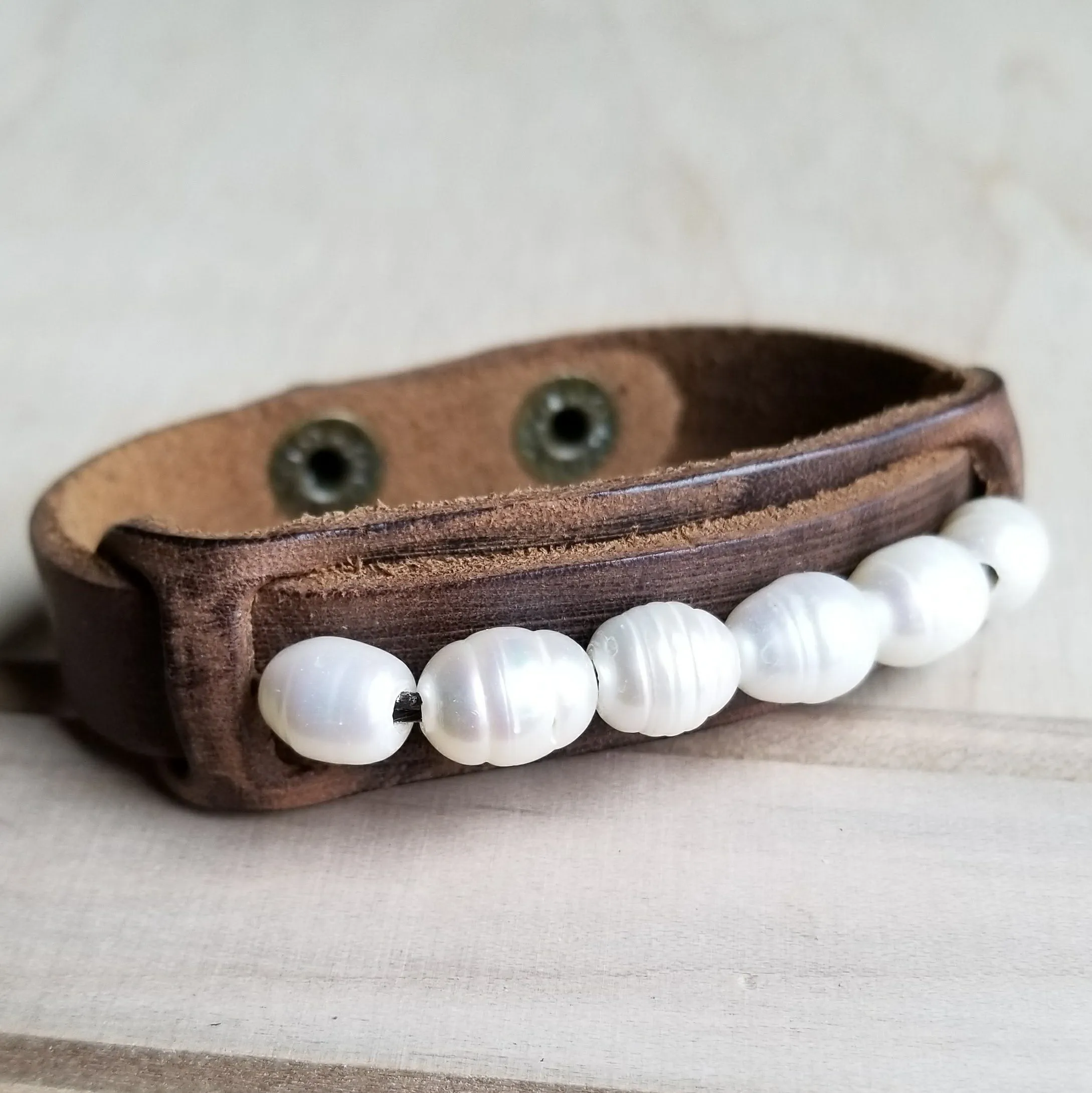 Dusty Leather Narrow Cuff with Genuine Freshwater Pearls 006r